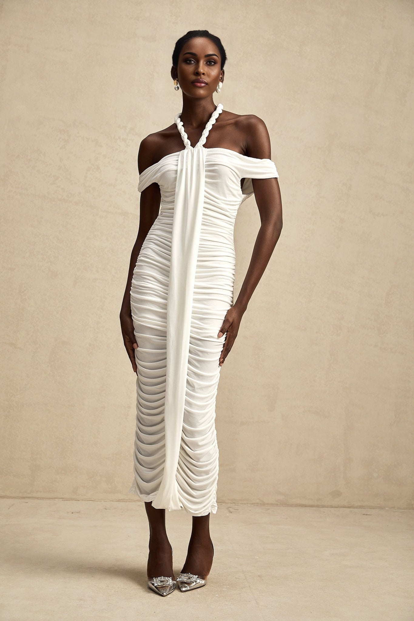 Émeline white braided ropedetail midi dress