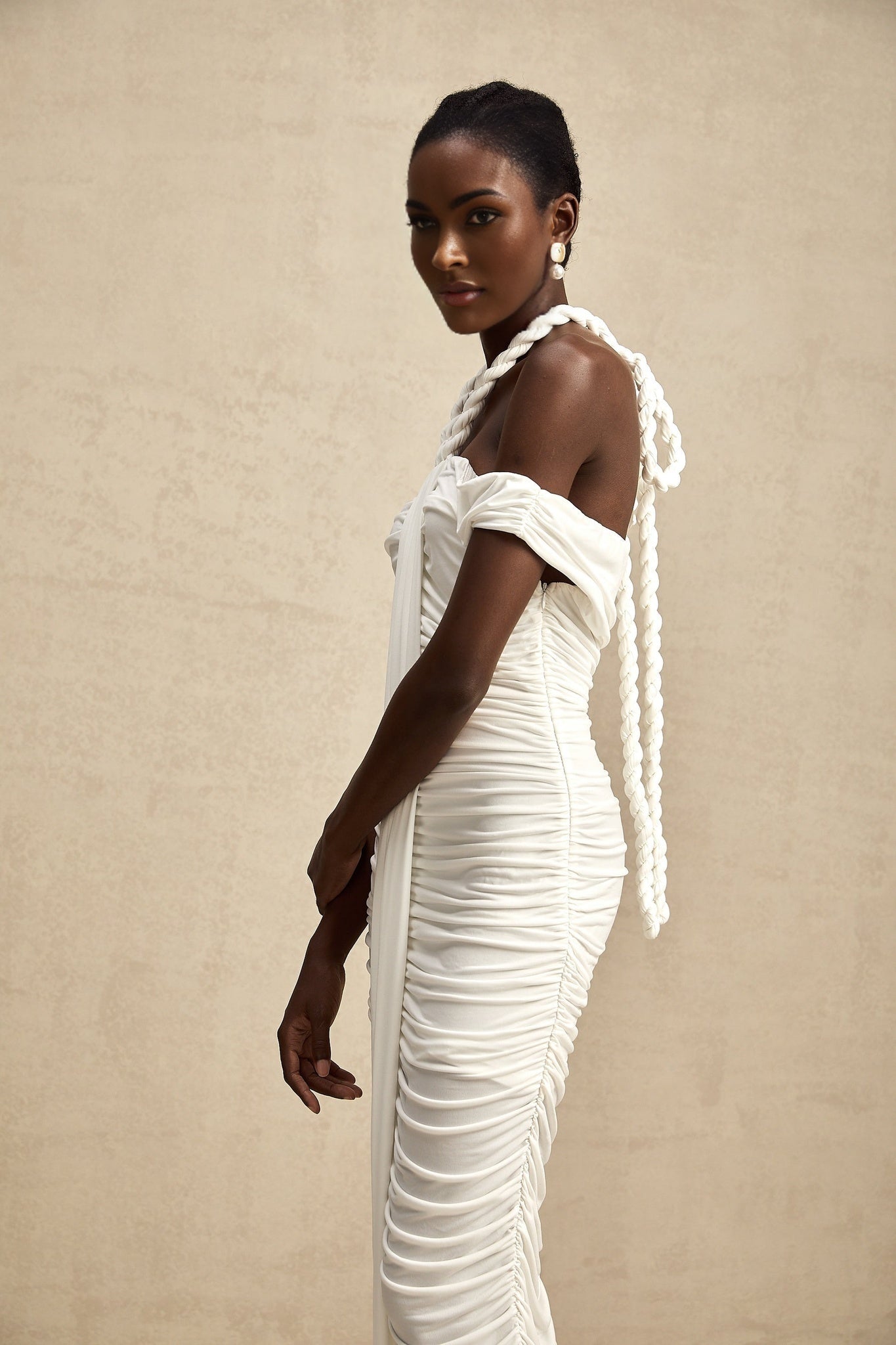 Émeline white braided ropedetail midi dress