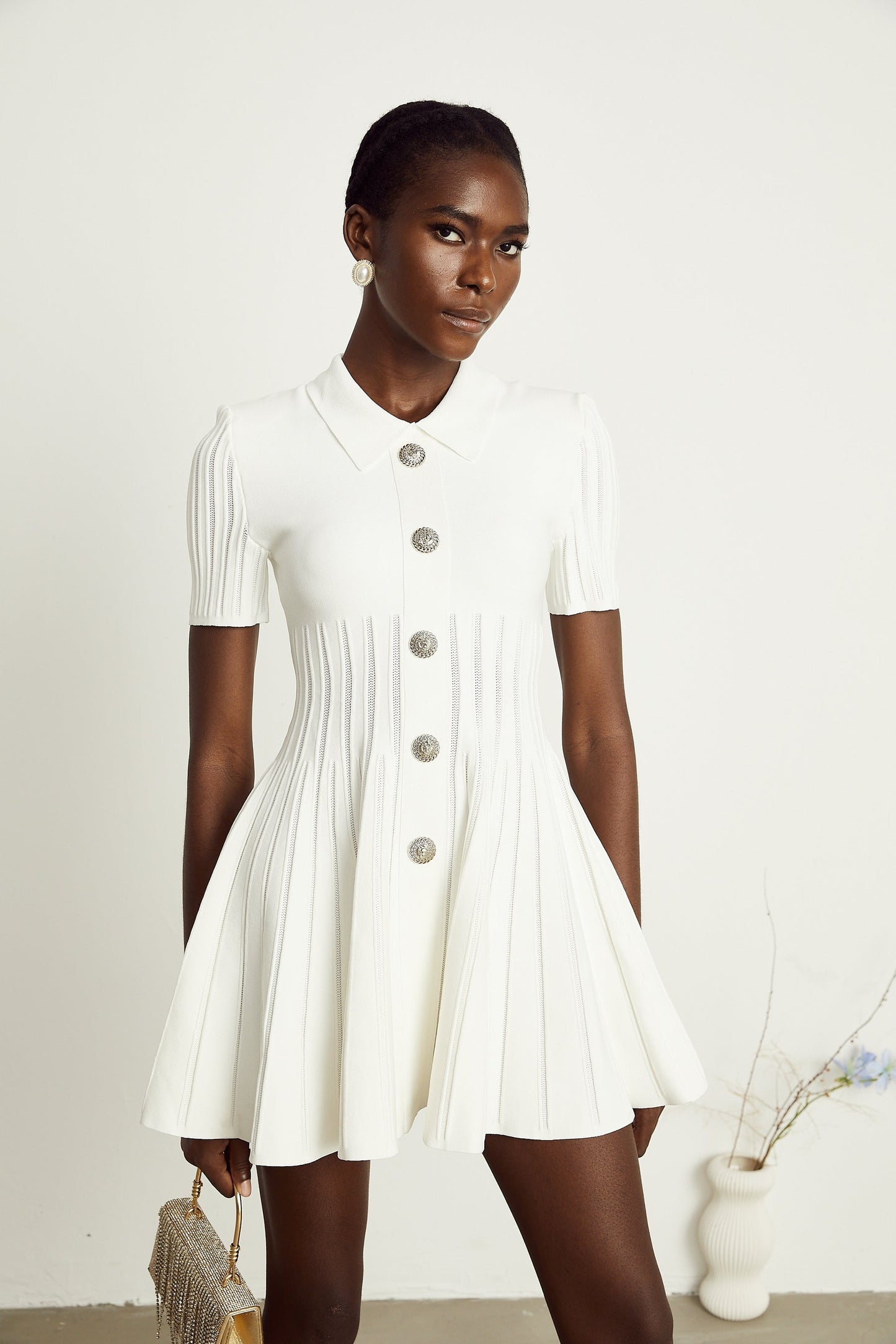 Émilie white flared ribbed mini dress