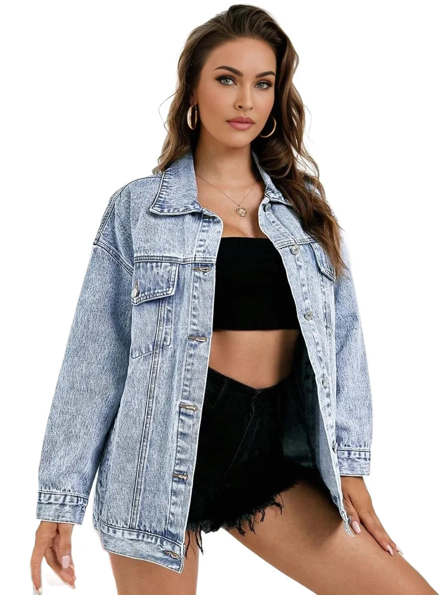 Essnce Casual Washed Dropped Shoulder Loose Denim Jacket