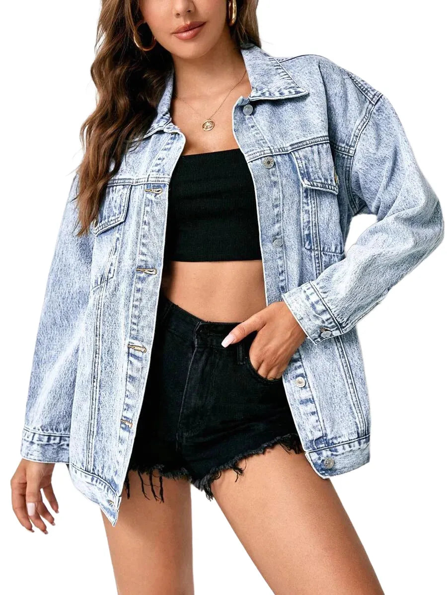 Essnce Casual Washed Dropped Shoulder Loose Denim Jacket