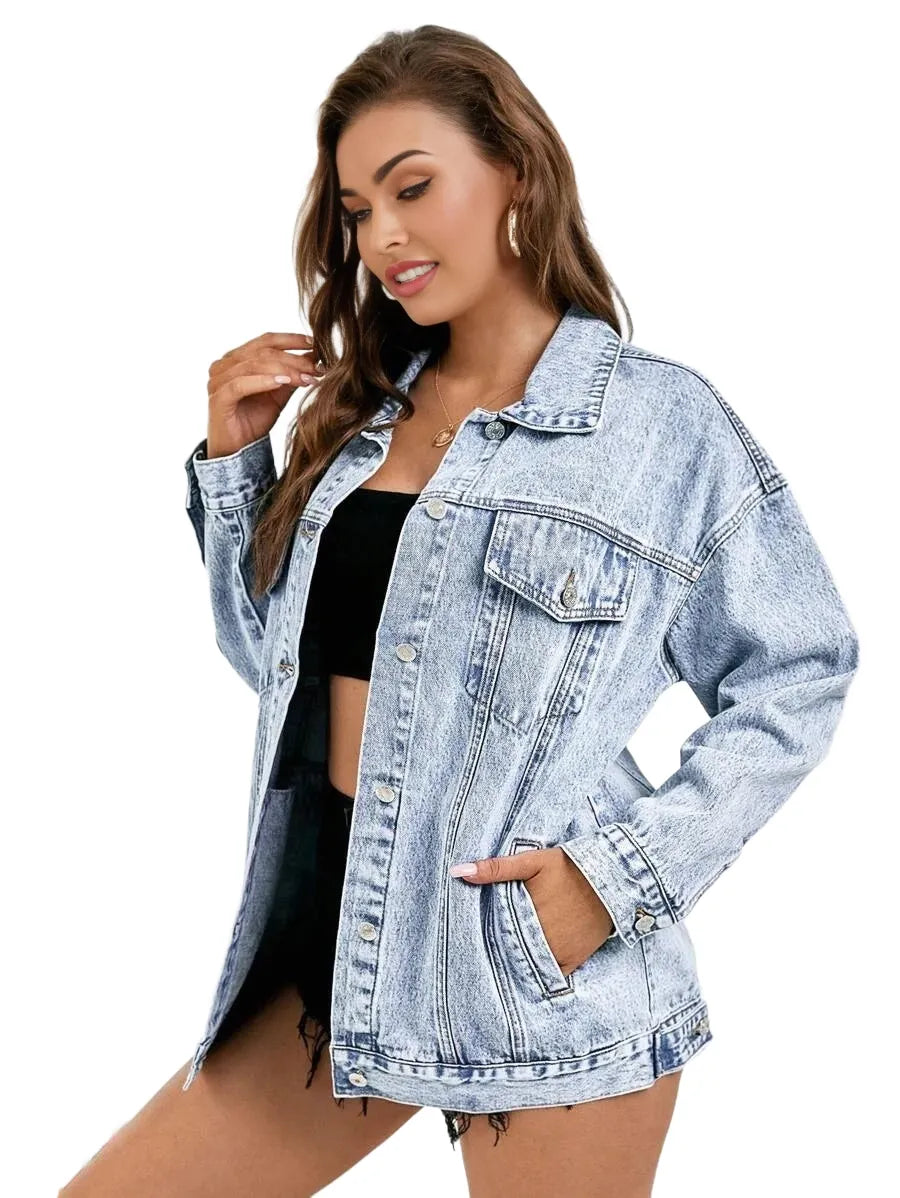 Essnce Casual Washed Dropped Shoulder Loose Denim Jacket