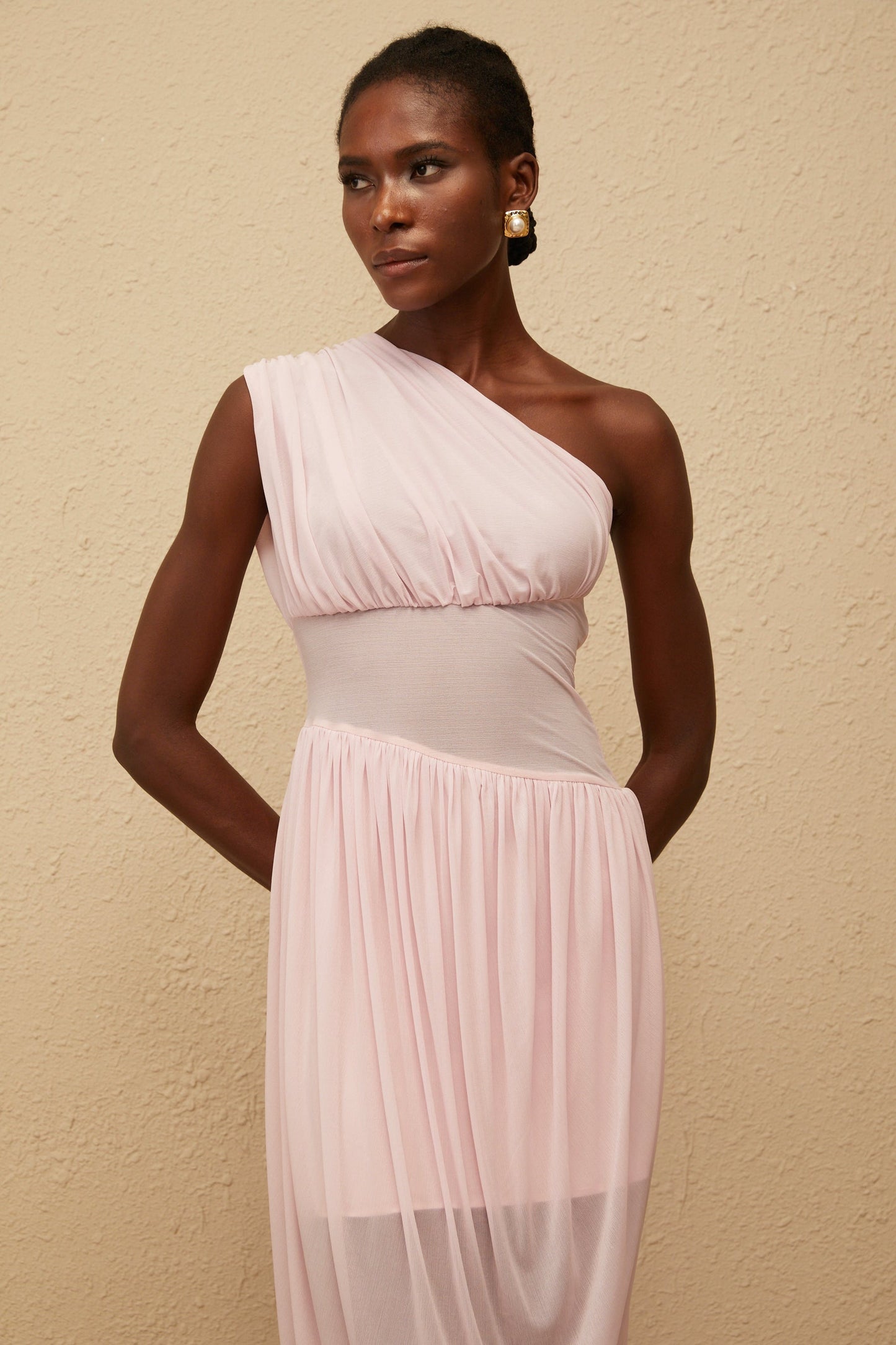 Estelle Pink One Shoulder Draped Maxi Dress