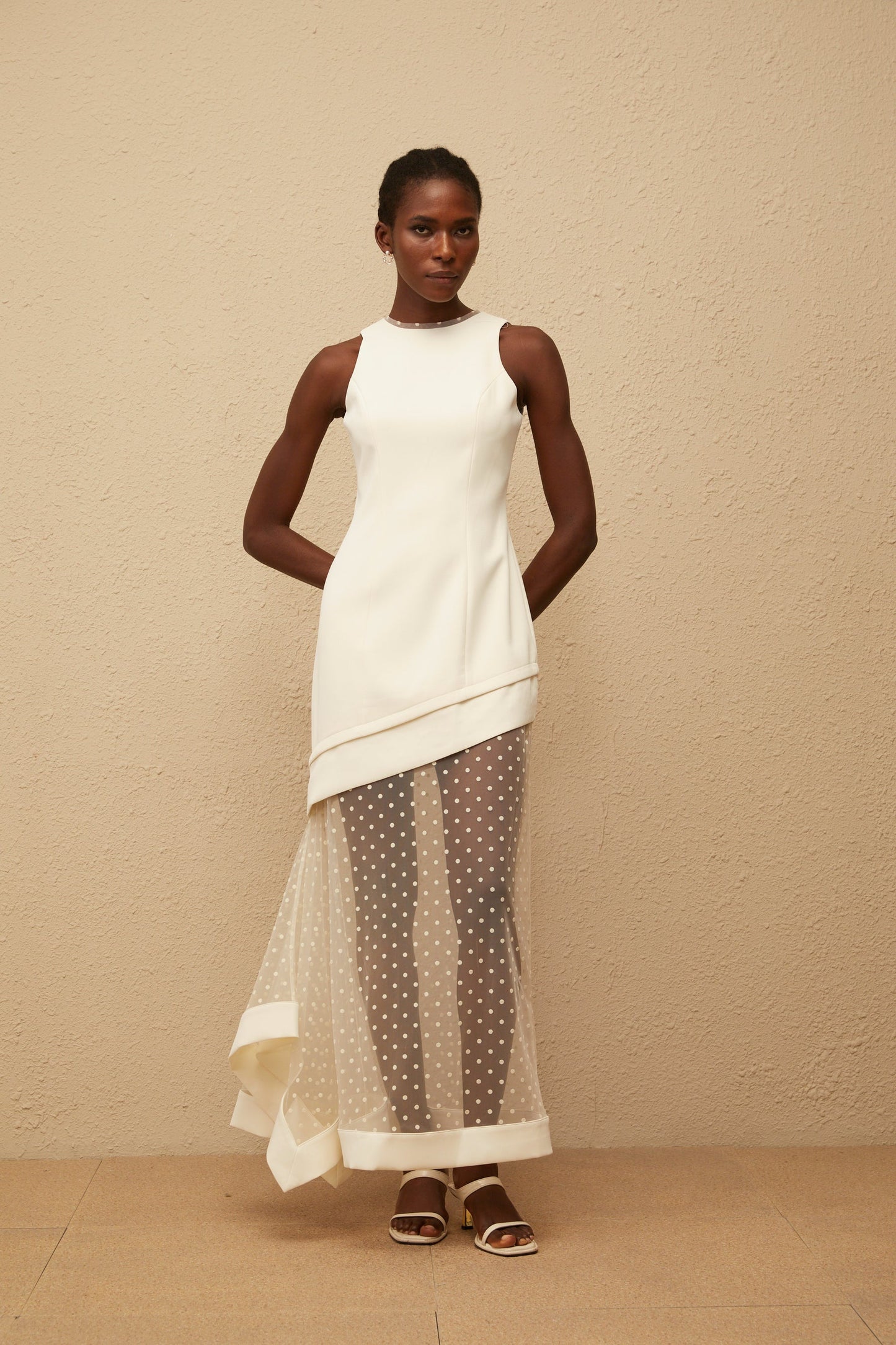 Esteri White Polka Dot Tulle Panel Maxi Dress