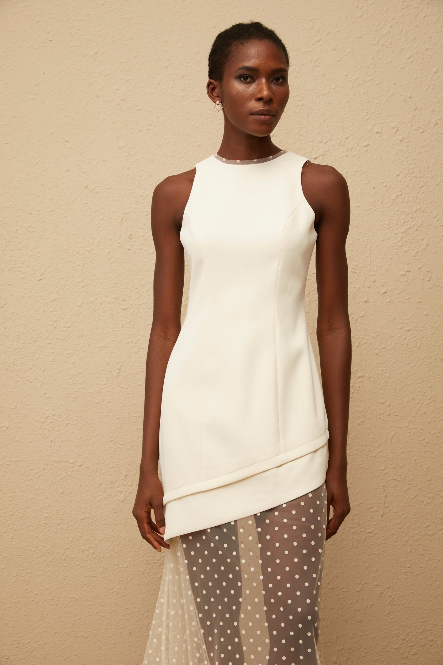 Esteri White Polka Dot Tulle Panel Maxi Dress