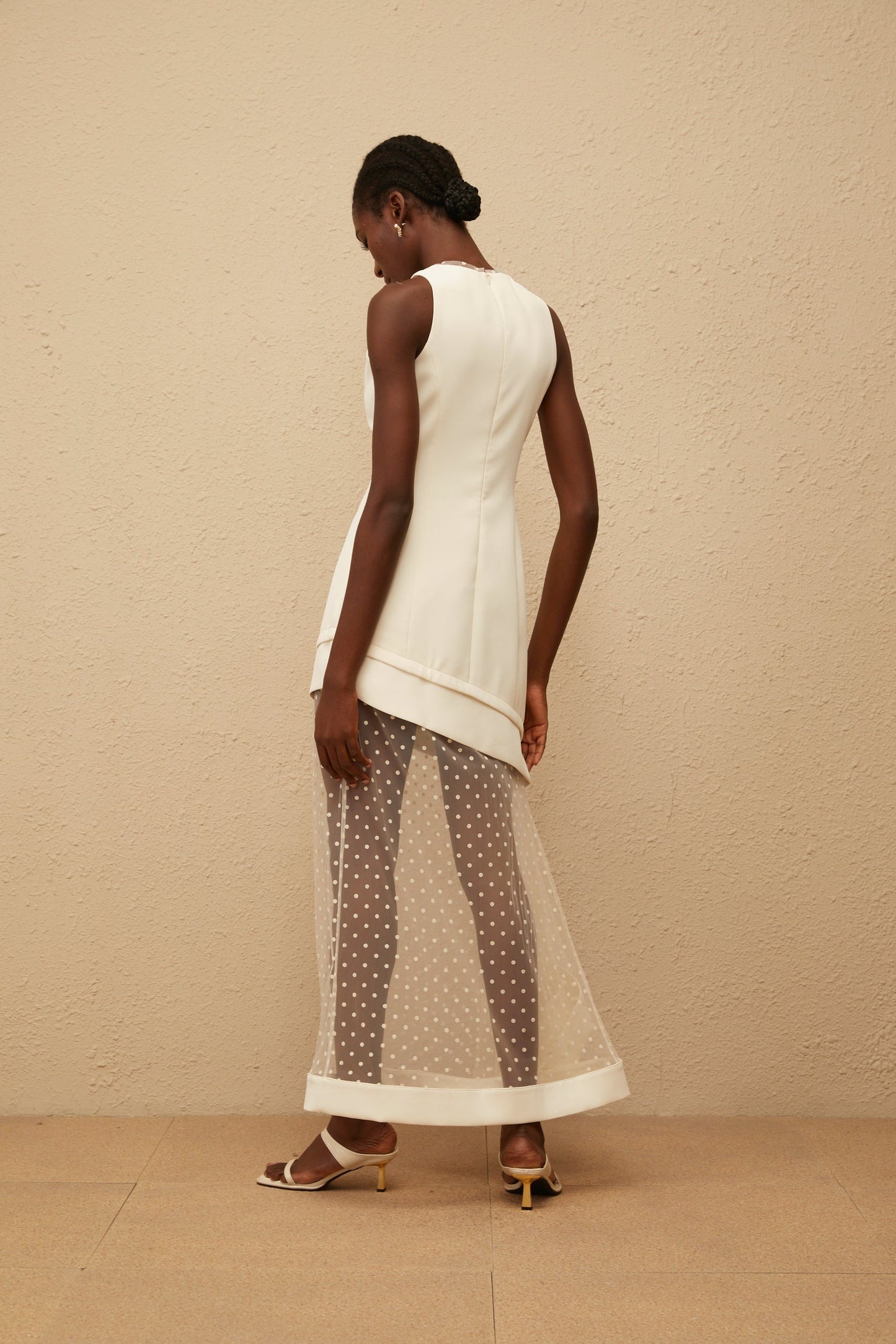 Esteri White Polka Dot Tulle Panel Maxi Dress