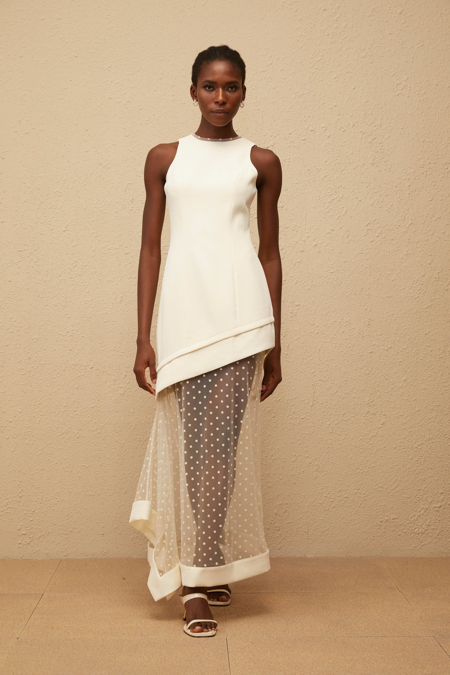 Esteri White Polka Dot Tulle Panel Maxi Dress