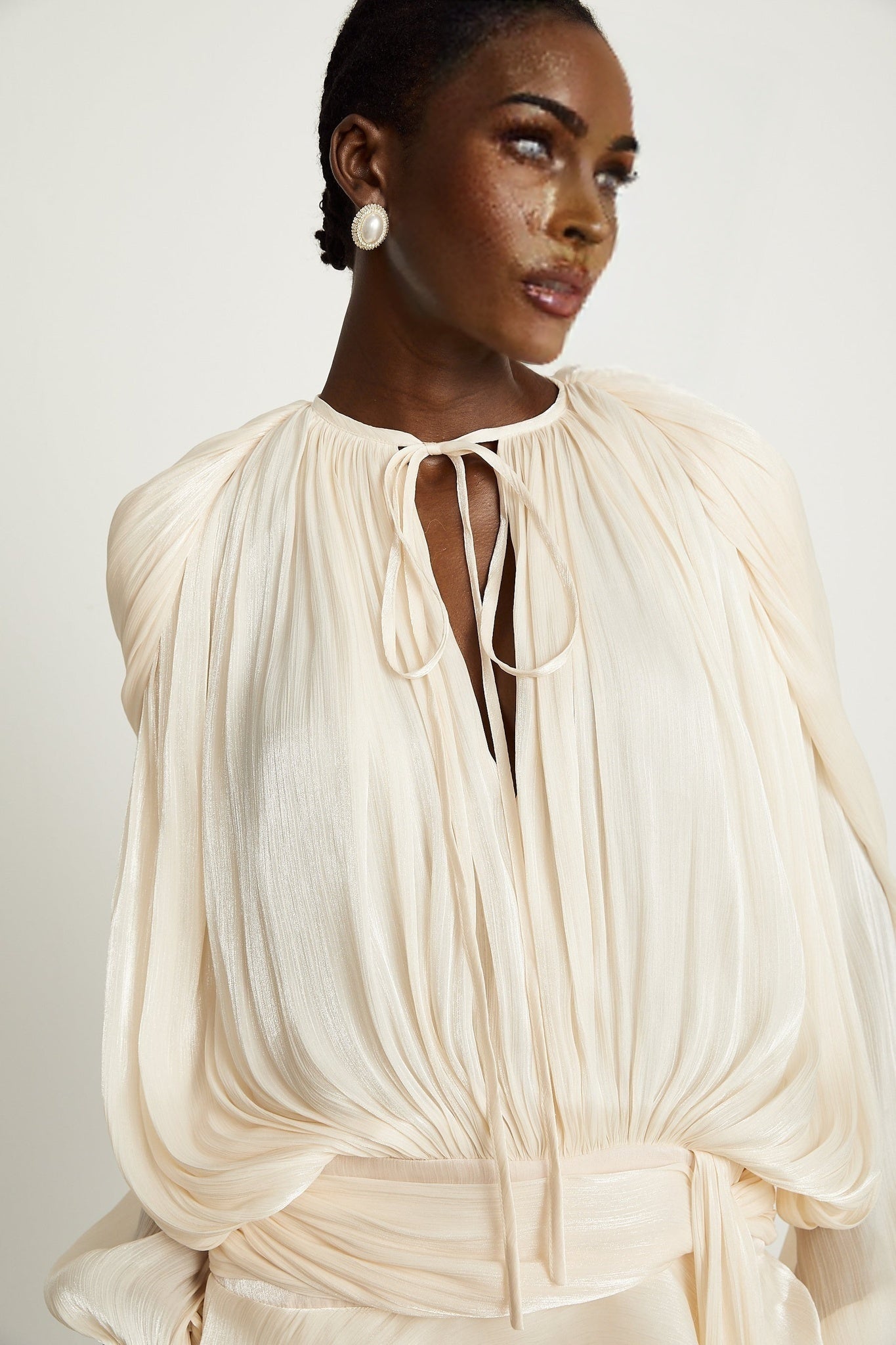 Eugenie fully pleated ruffled mini dress in neutral color tones