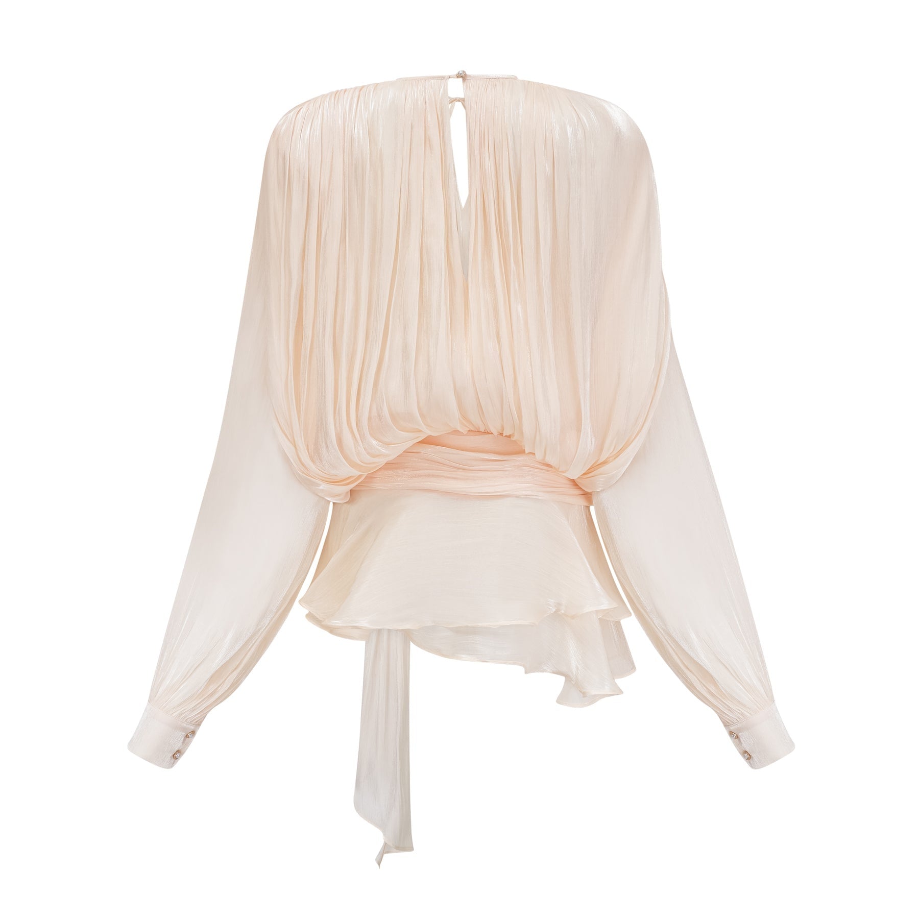 Eugenie fully pleated ruffled mini dress in neutral tones displayed on a mannequin or model