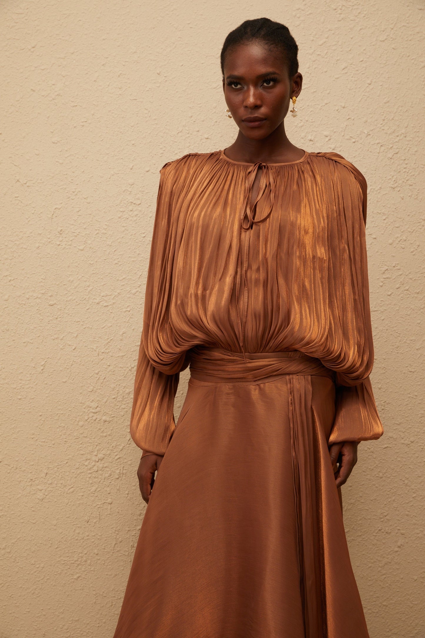 Eugénie Pleated Ruffle Maxi Dress in Brown