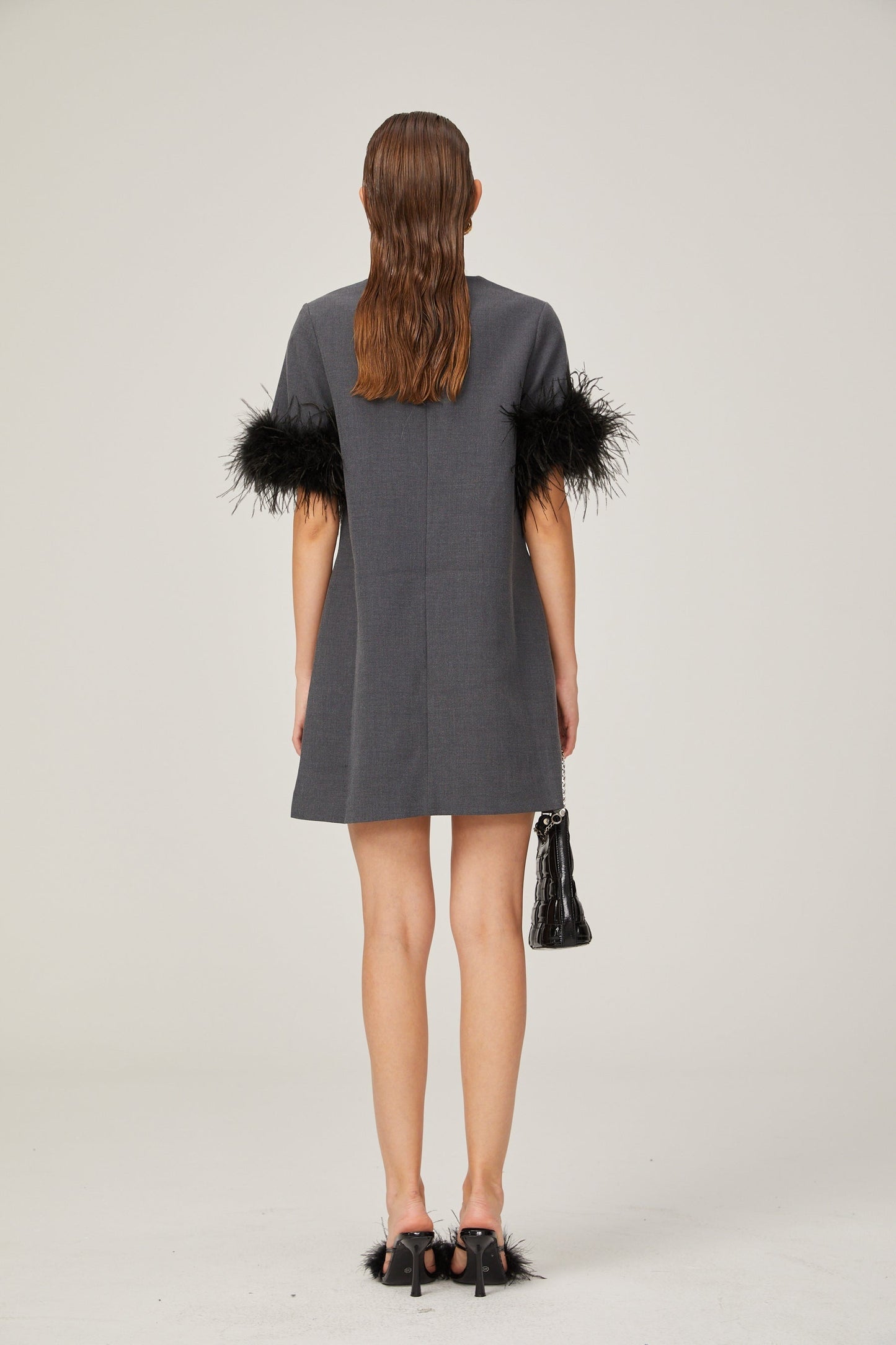 Eulalie grey feathertrim Aline mini dress