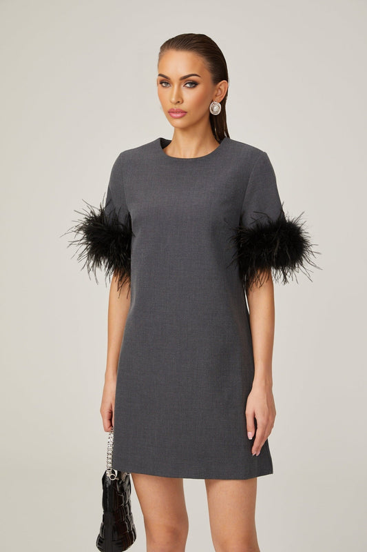 Eulalie grey feathertrim Aline mini dress