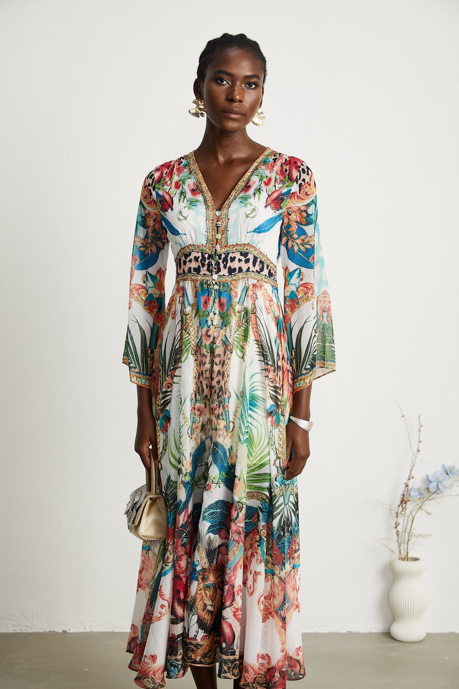 Éva patternprint Vneck midi dress