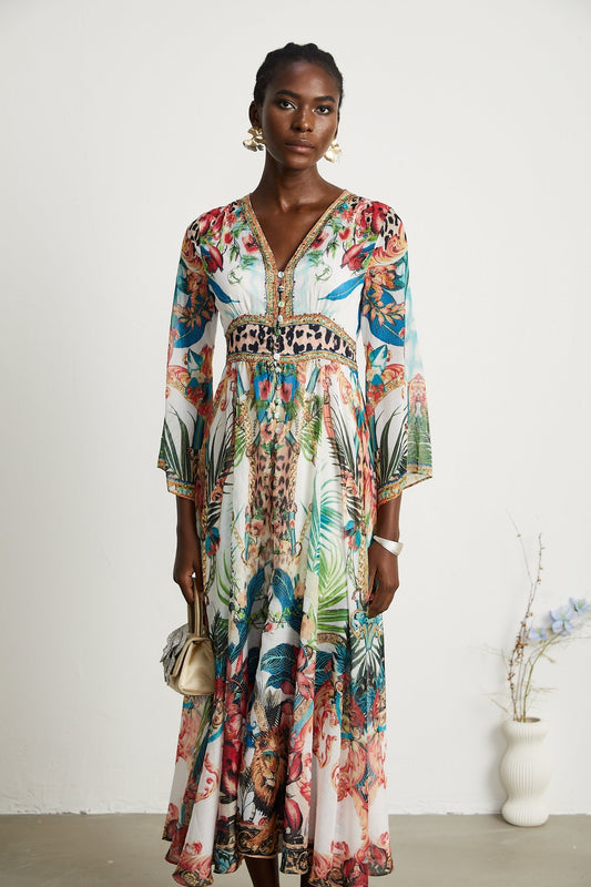 Éva patternprint Vneck midi dress