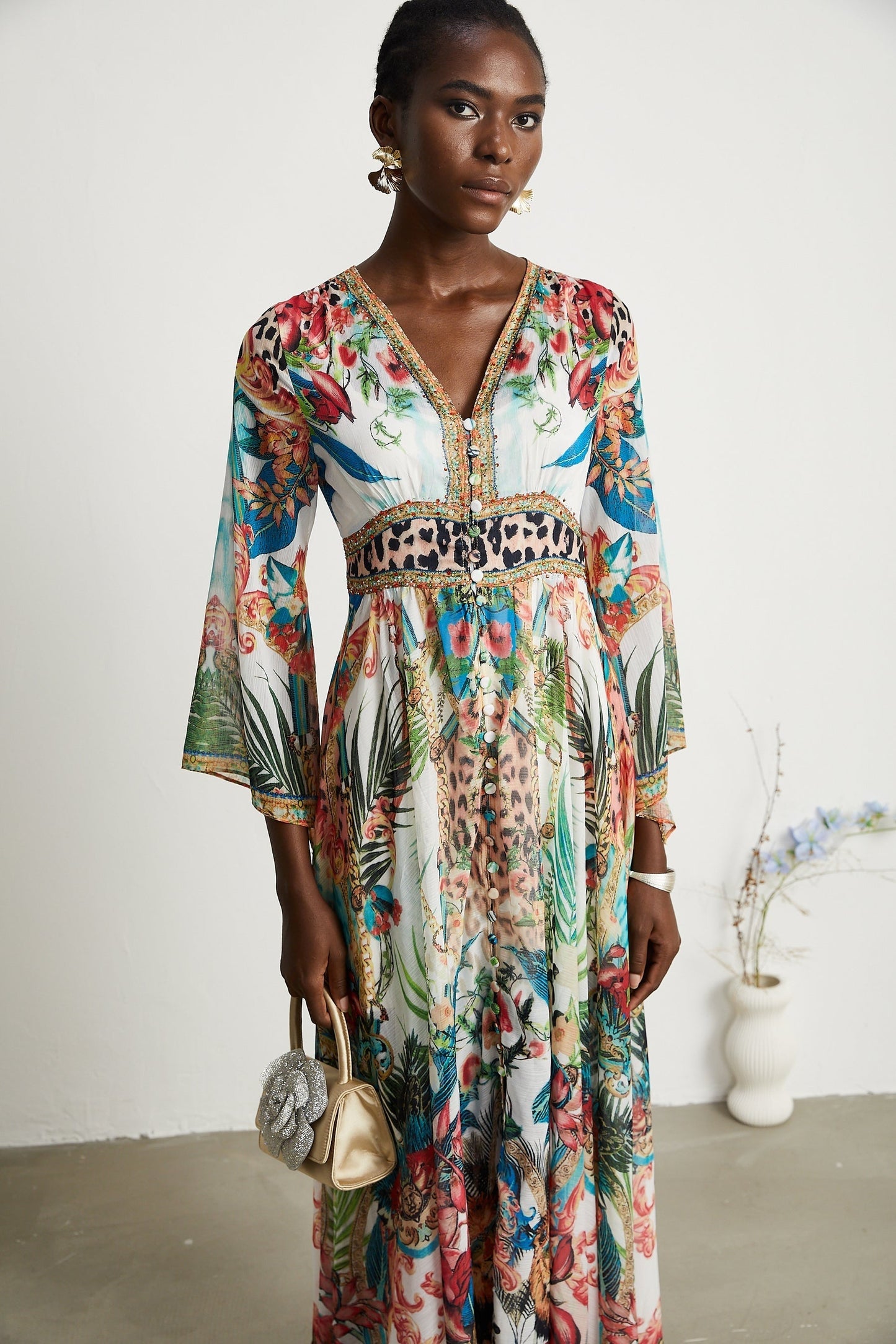 Éva patternprint Vneck midi dress