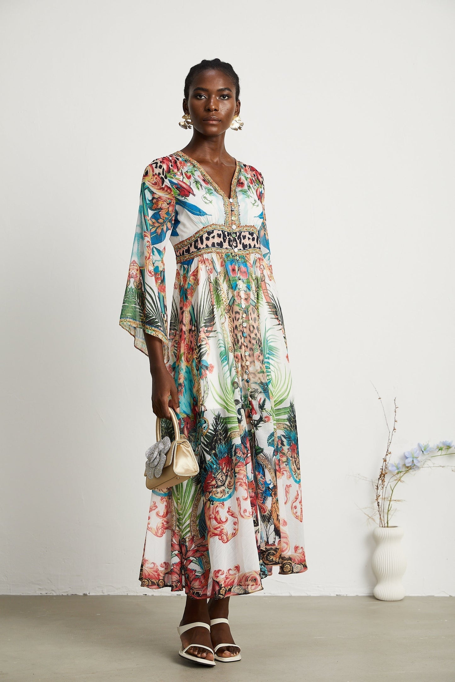 Éva patternprint Vneck midi dress