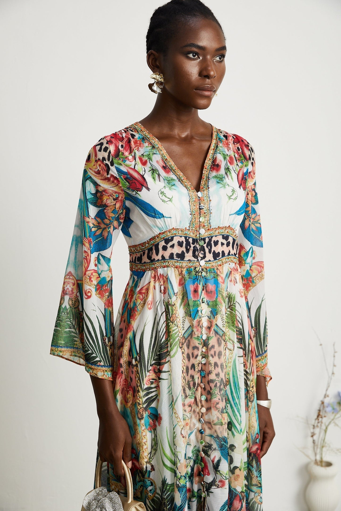 Éva patternprint Vneck midi dress