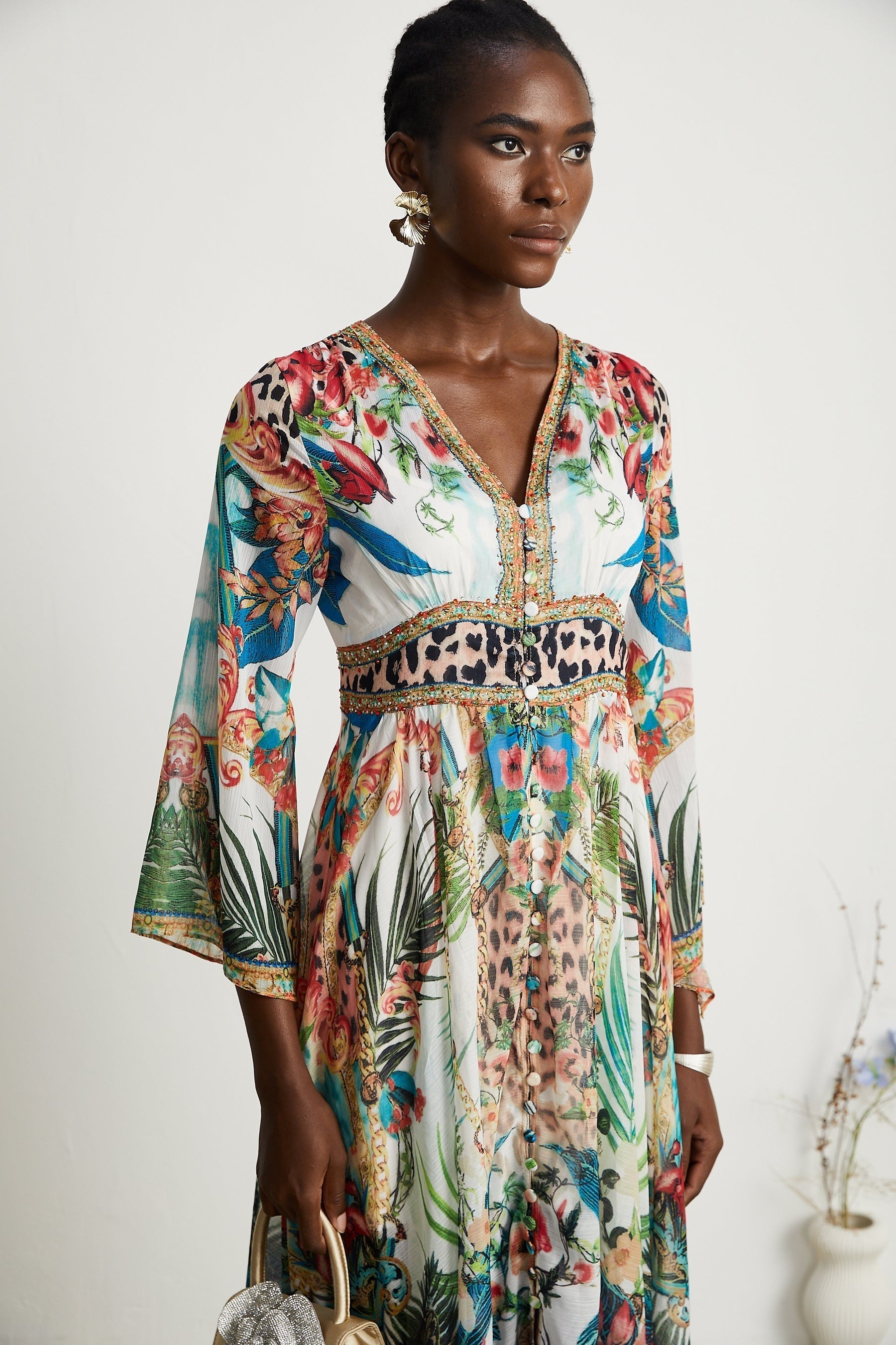 Éva patternprint Vneck midi dress