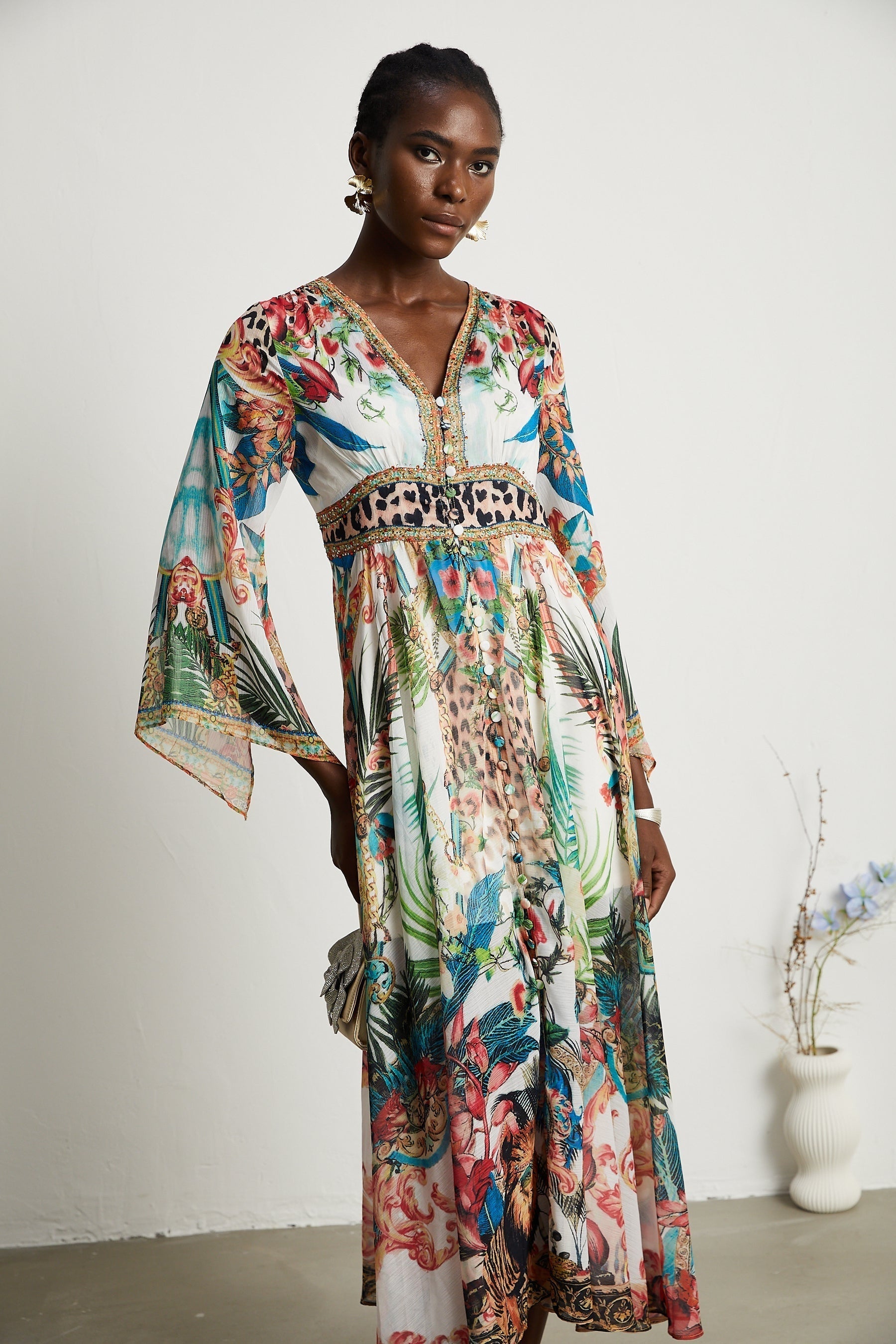 Éva patternprint Vneck midi dress