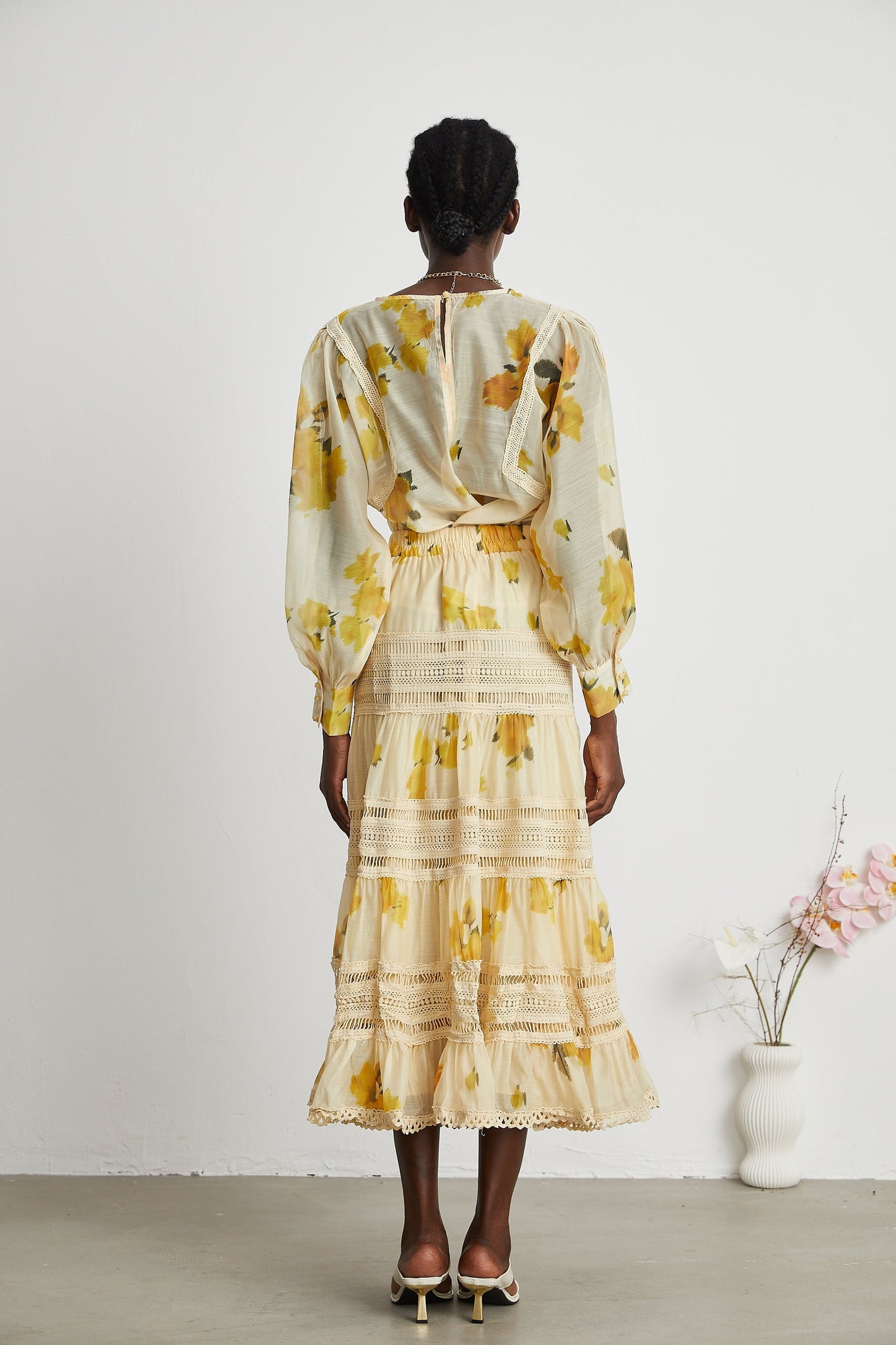Éva yellow floralprint blouse skirt matching set