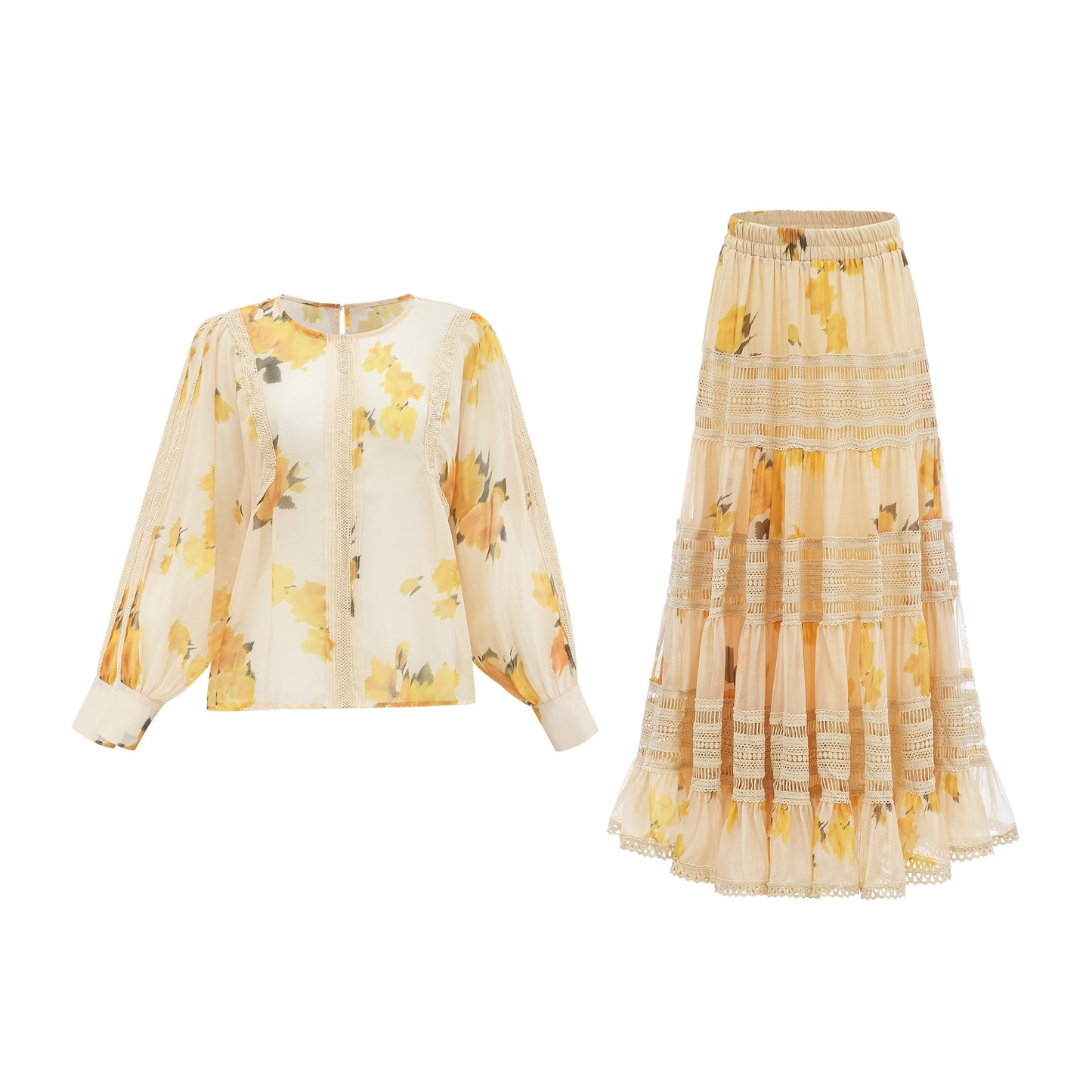 Éva yellow floralprint blouse skirt matching set