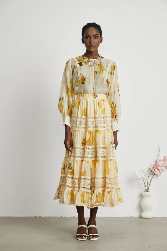 Éva yellow floralprint blouse  skirt matching set