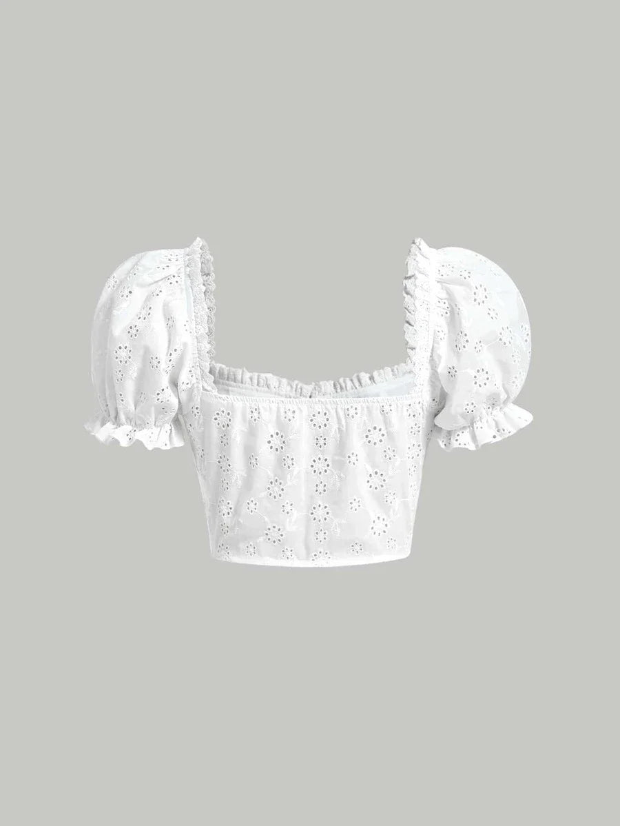 Eyelet Embroidery Puff Sleeve Frill Trim Crop Blouse