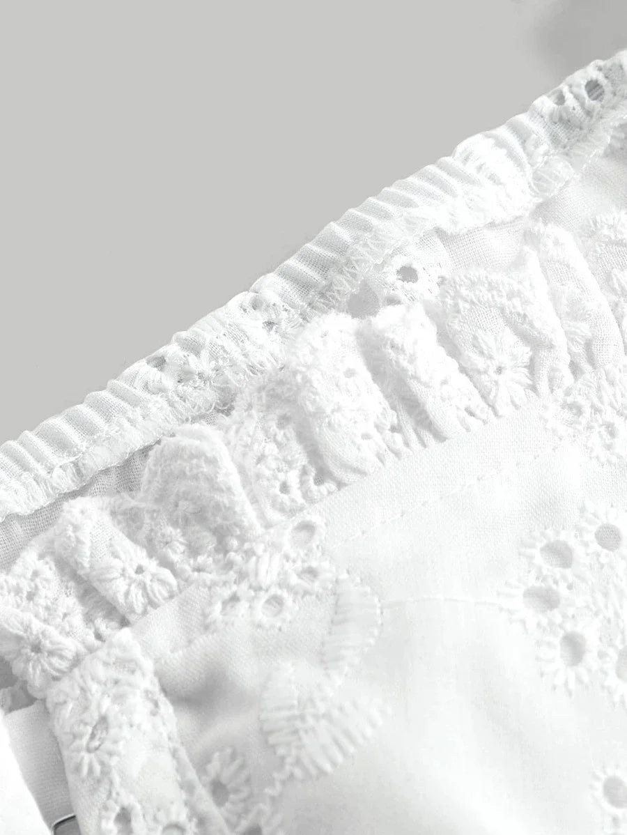 Eyelet Embroidery Puff Sleeve Frill Trim Crop Blouse