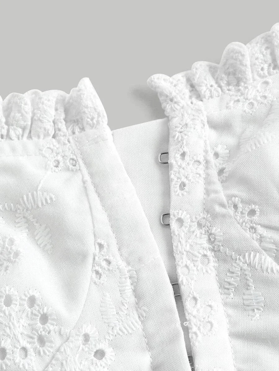 Eyelet Embroidery Puff Sleeve Frill Trim Crop Blouse