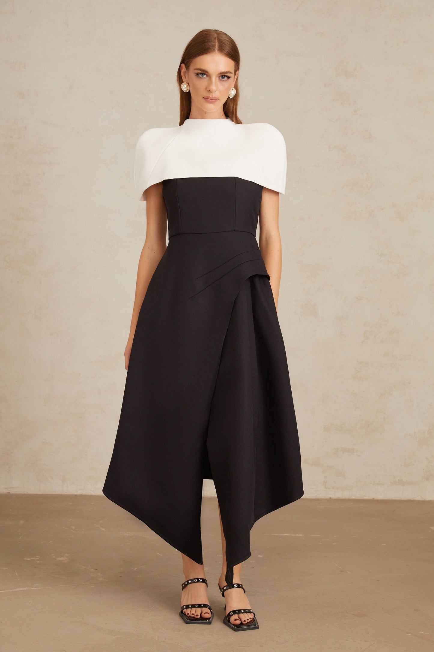 Fabienne Color Block Midi Dress with Shawl Detail