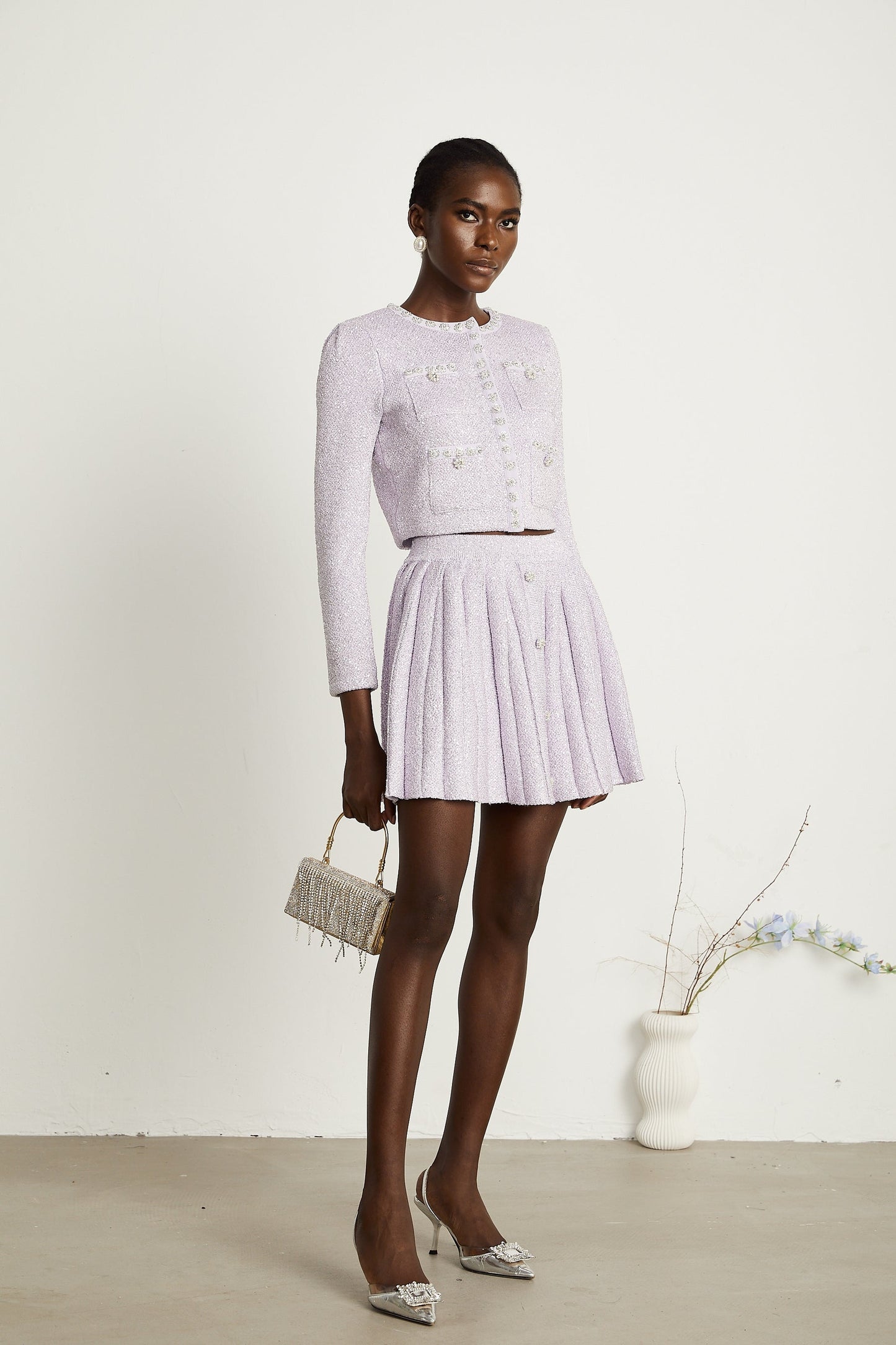 Fabienne purple sequindetail jacket skirt matching set