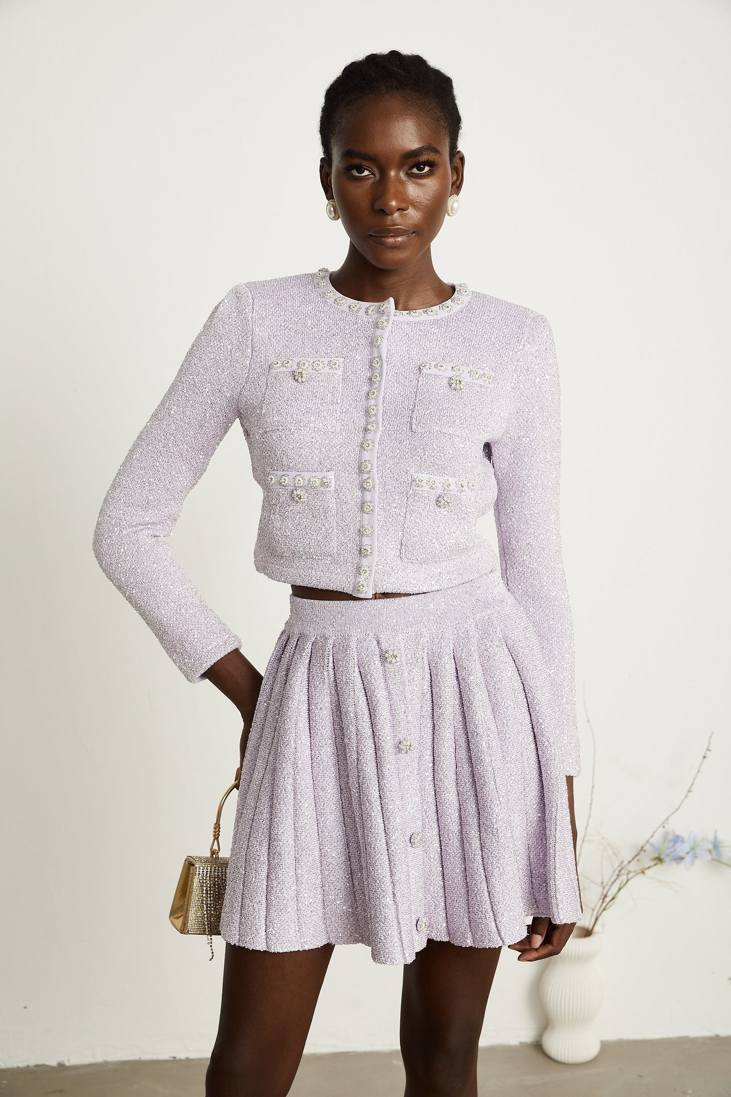 Fabienne purple sequindetail jacket skirt matching set