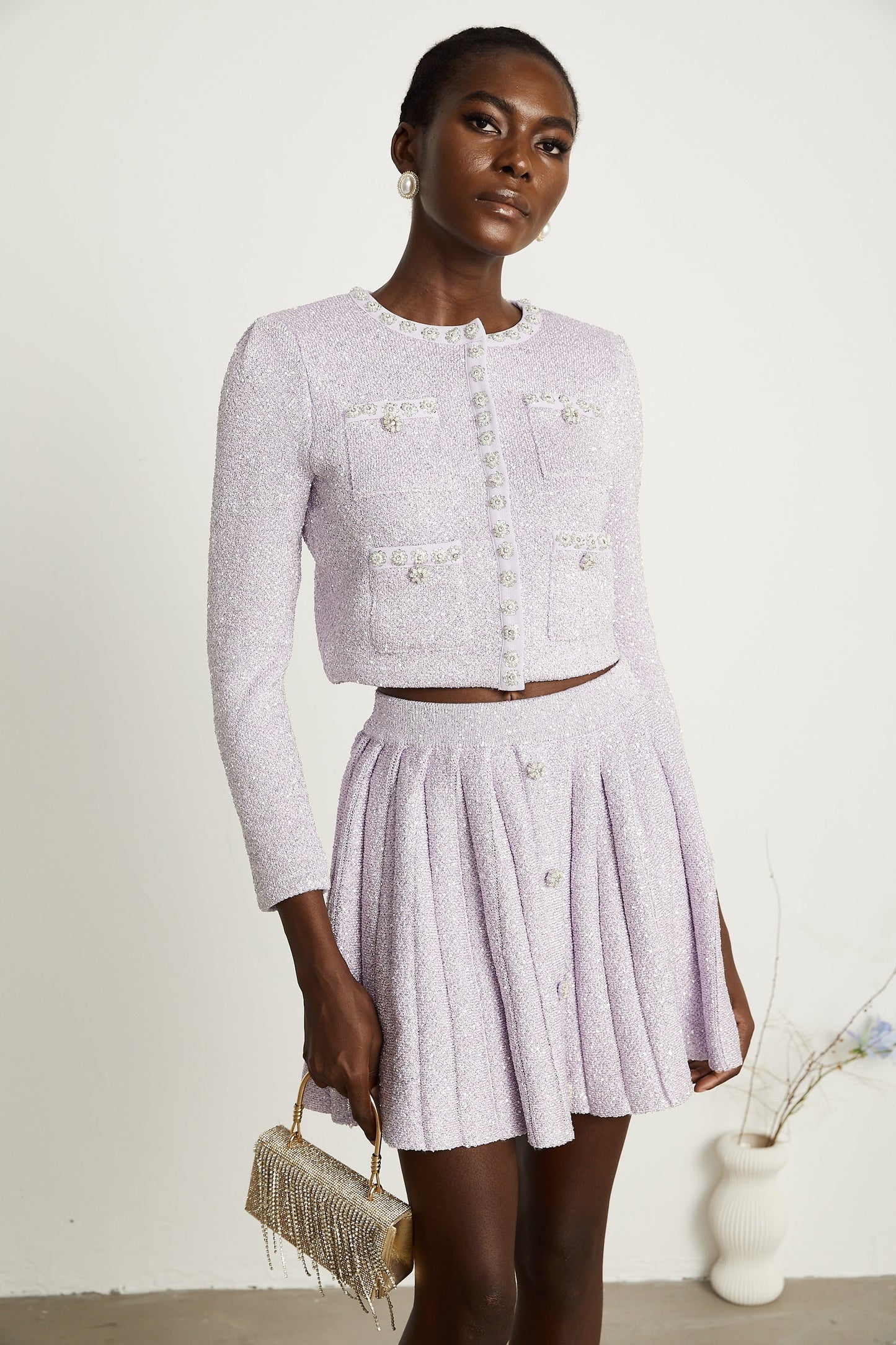 Fabienne purple sequindetail jacket skirt matching set