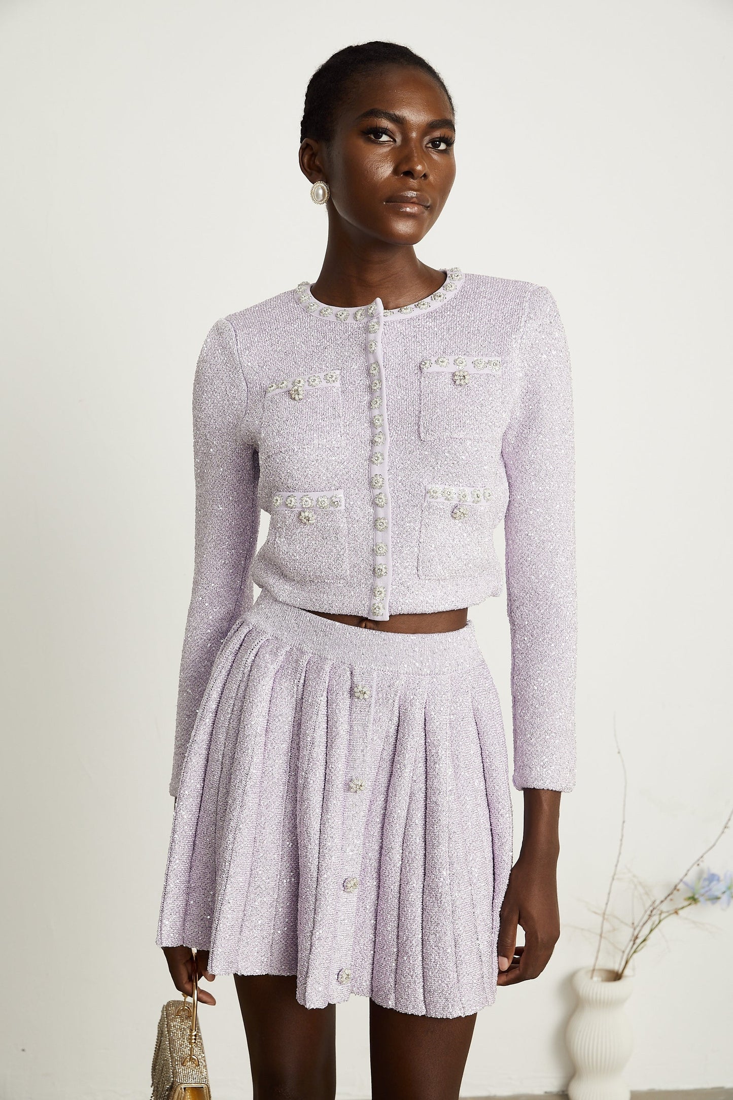 Fabienne purple sequindetail jacket skirt matching set