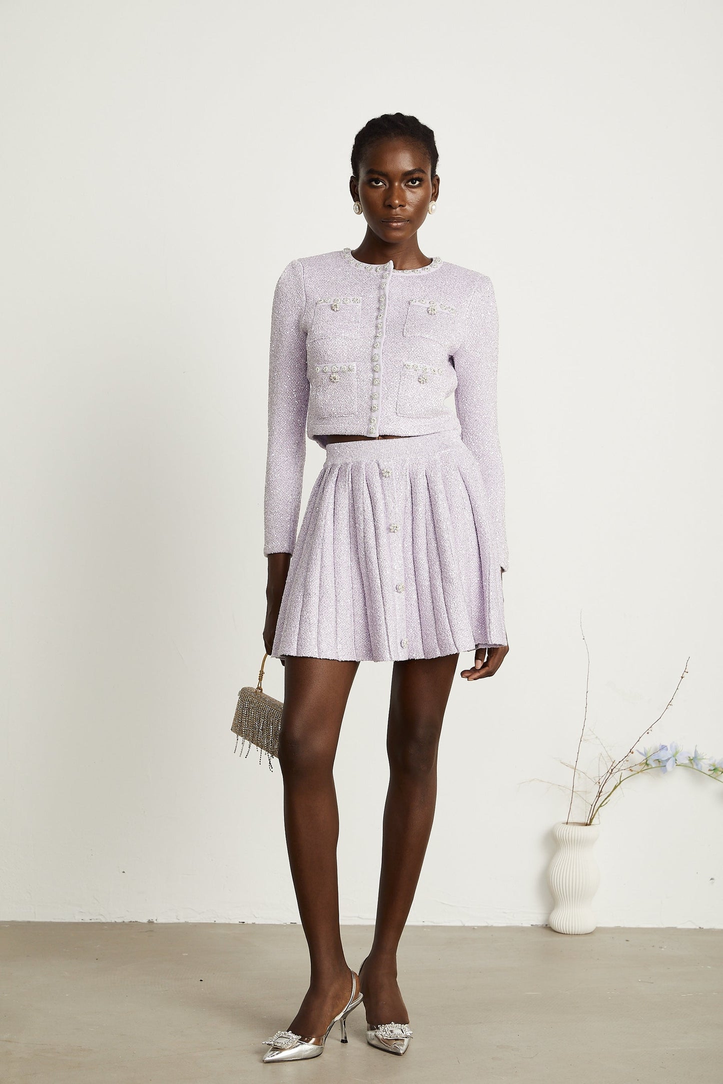 Fabienne purple sequindetail jacket skirt matching set