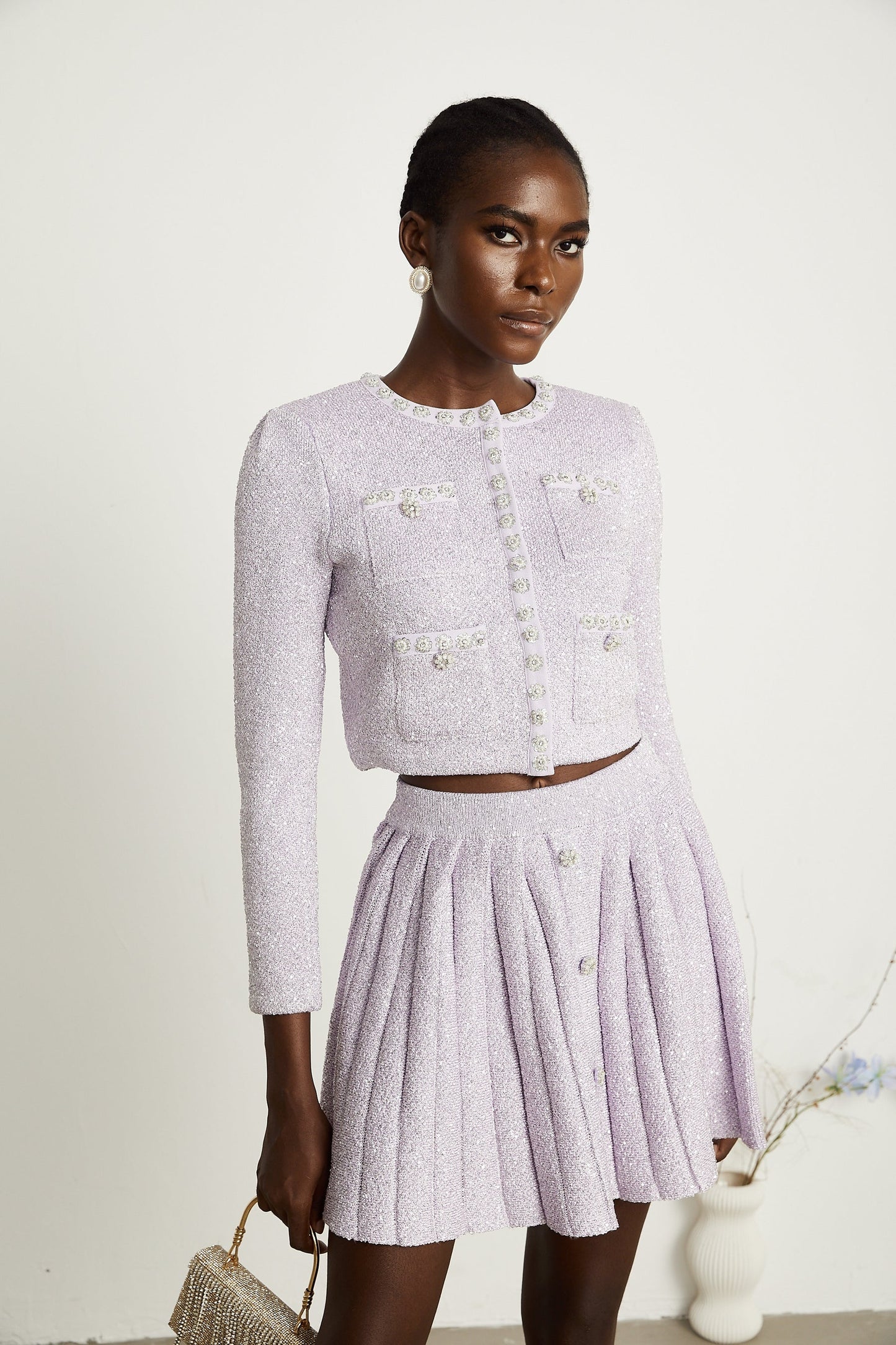 Fabienne purple sequindetail jacket skirt matching set