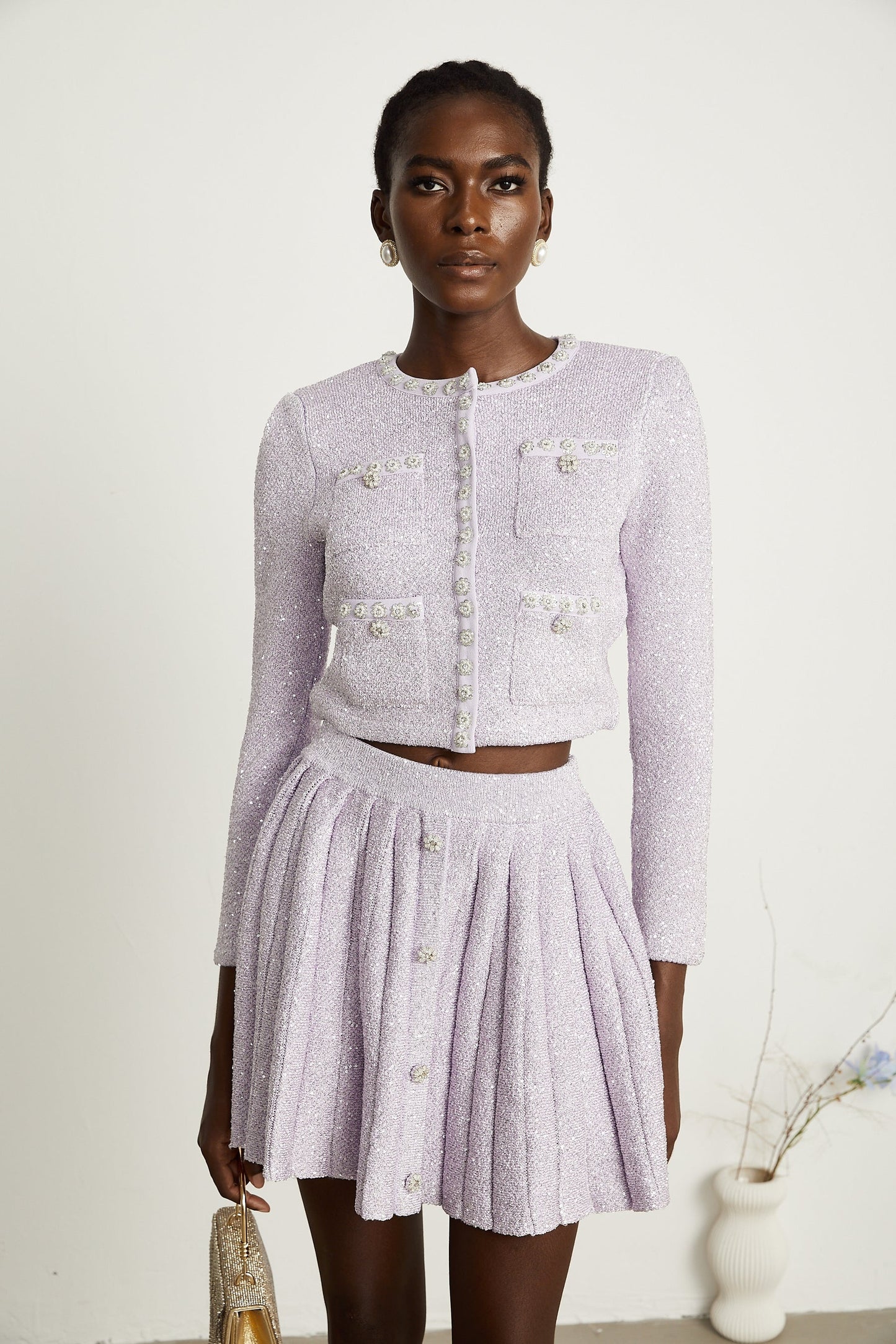 Fabienne purple sequindetail jacket skirt matching set