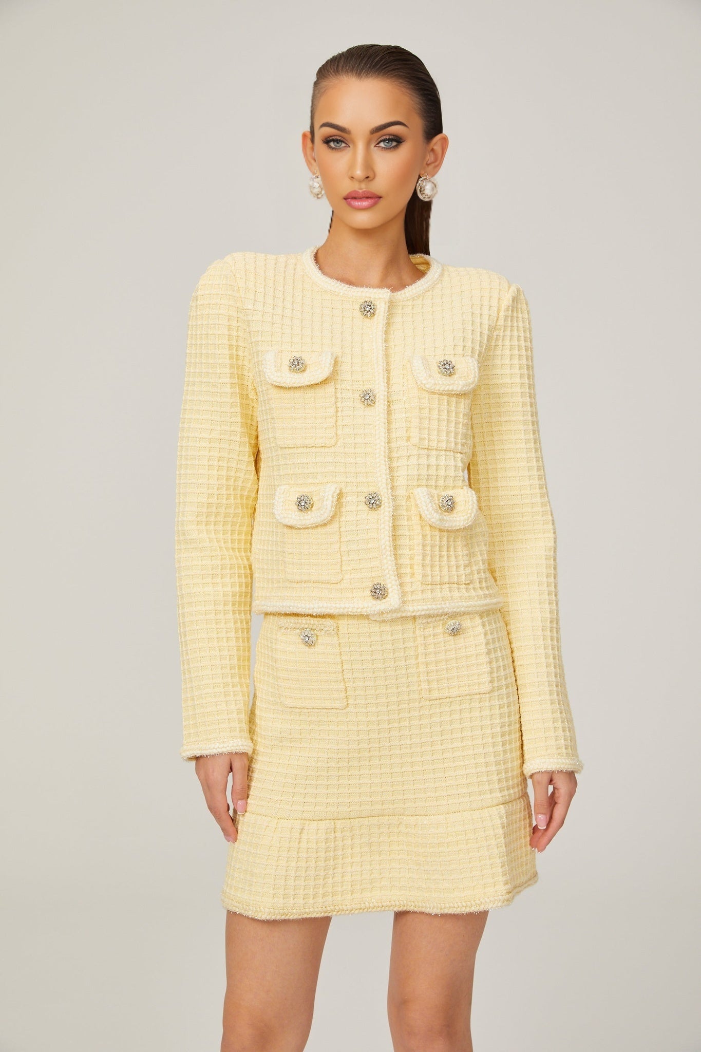 Fabienne yellow waffleknit jacket skirt matching set