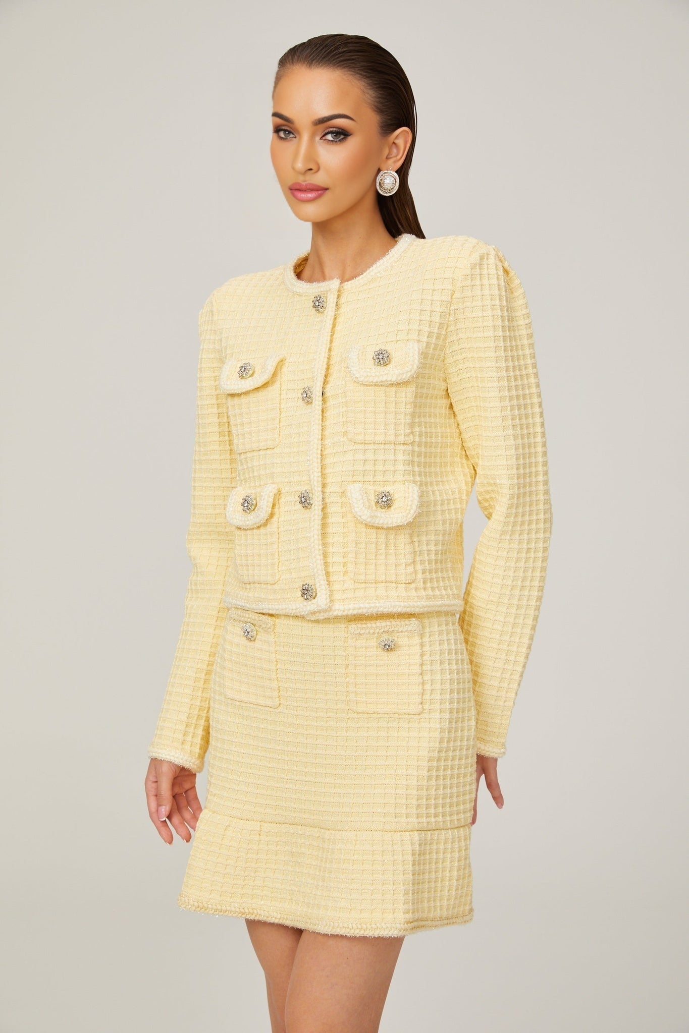 Fabienne yellow waffleknit jacket skirt matching set