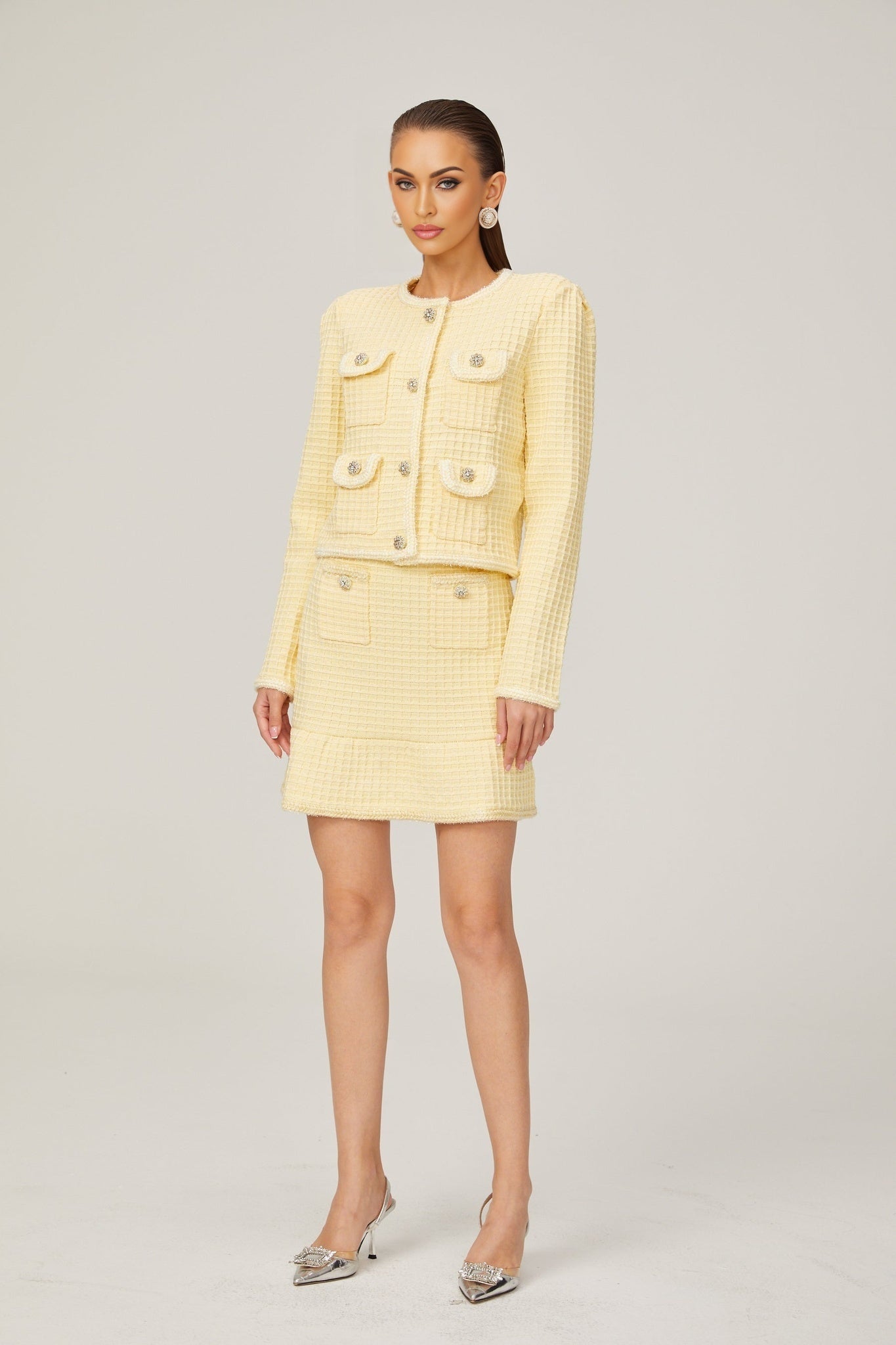 Fabienne yellow waffleknit jacket skirt matching set