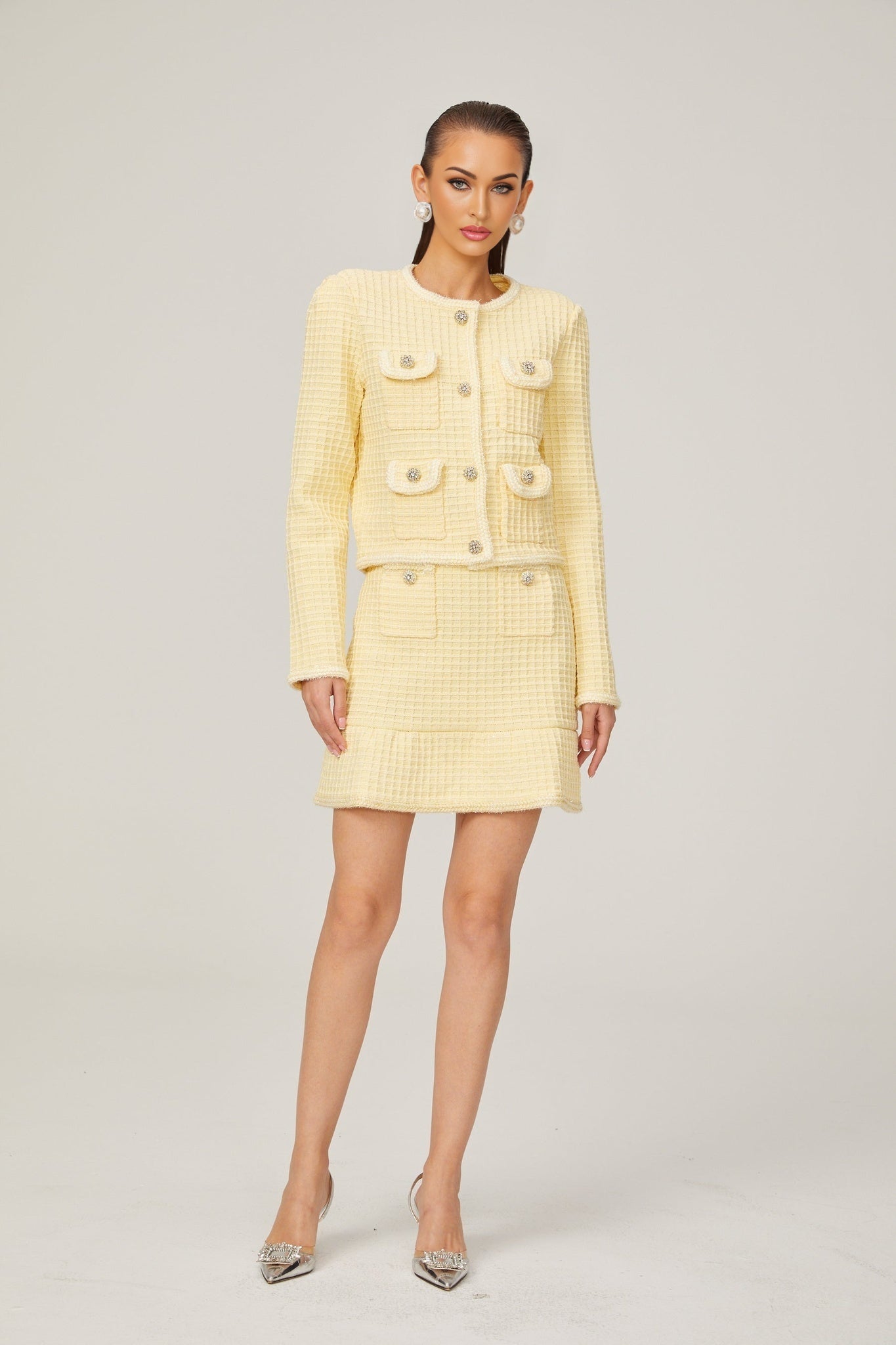 Fabienne yellow waffleknit jacket skirt matching set