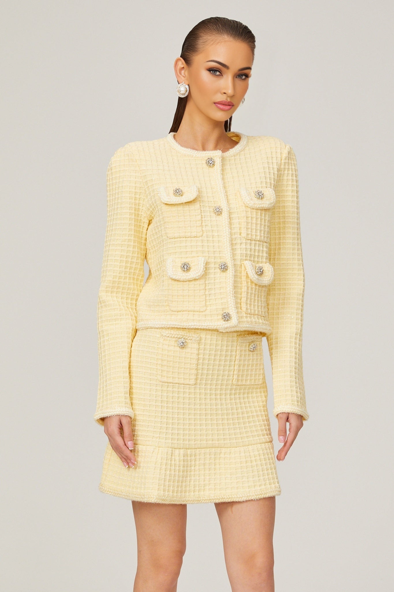 Fabienne yellow waffleknit jacket skirt matching set