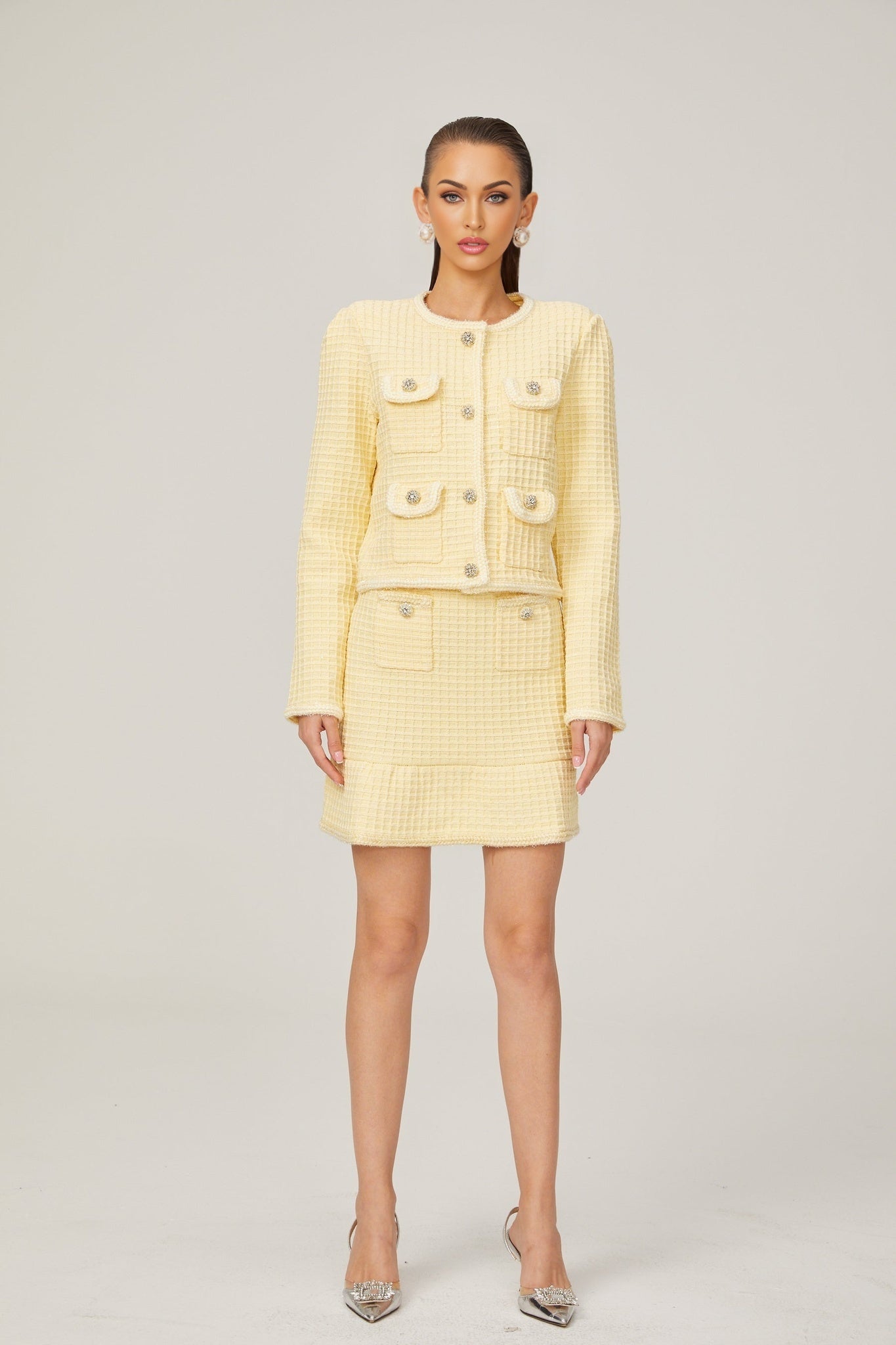 Fabienne yellow waffleknit jacket skirt matching set