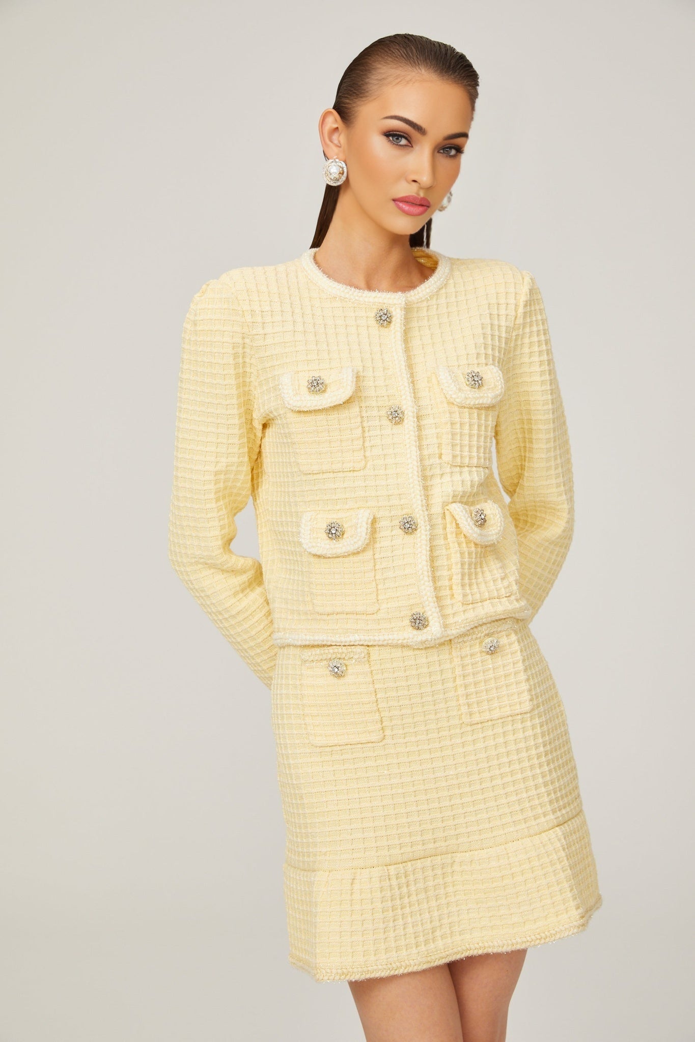 Fabienne yellow waffleknit jacket skirt matching set