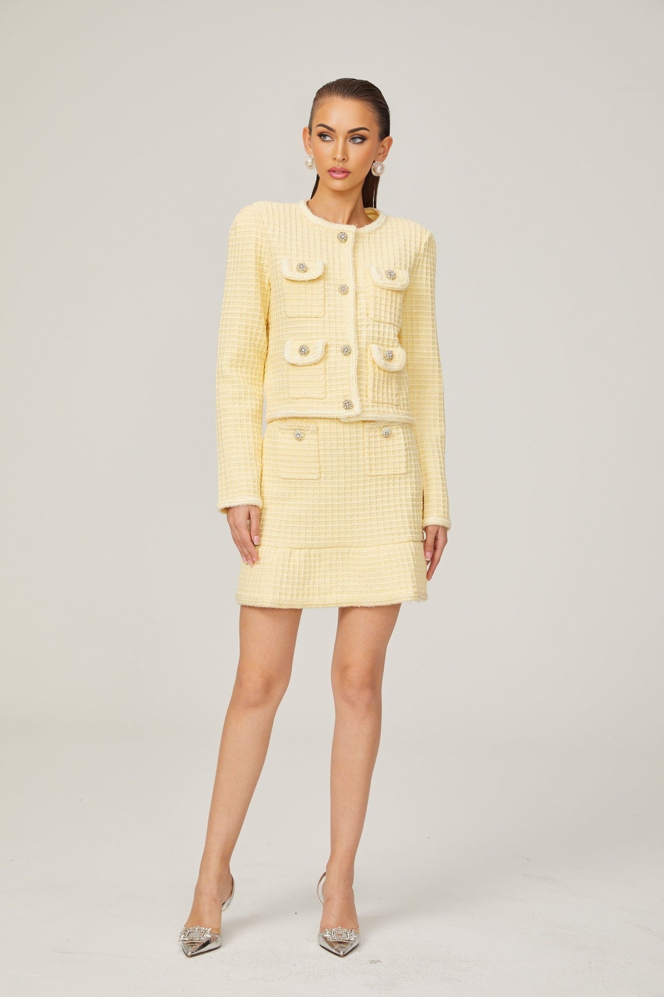 Fabienne yellow waffleknit jacket skirt matching set