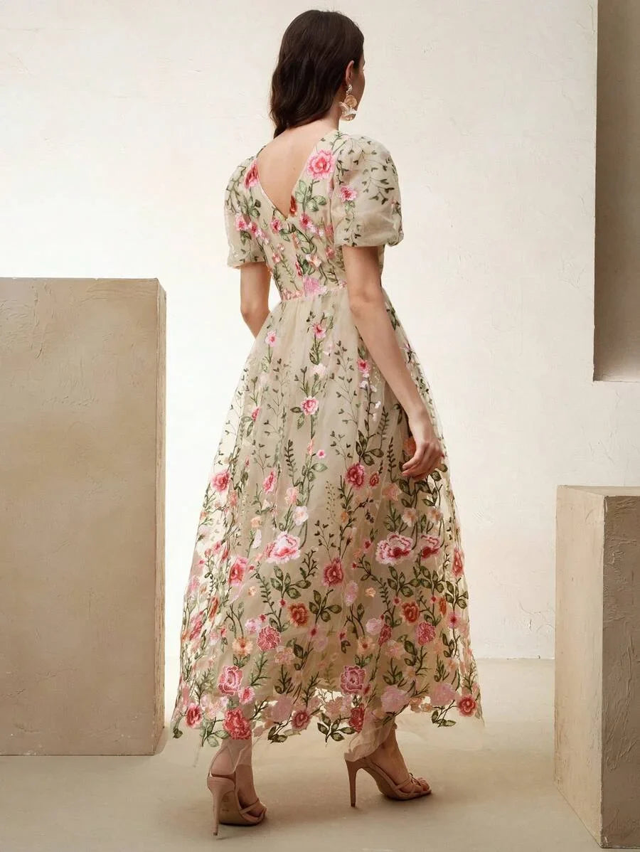 Fashionable amp Elegant Embroidered Floral VNeck ALine Midi Skirt Suitable For Valentines Day
