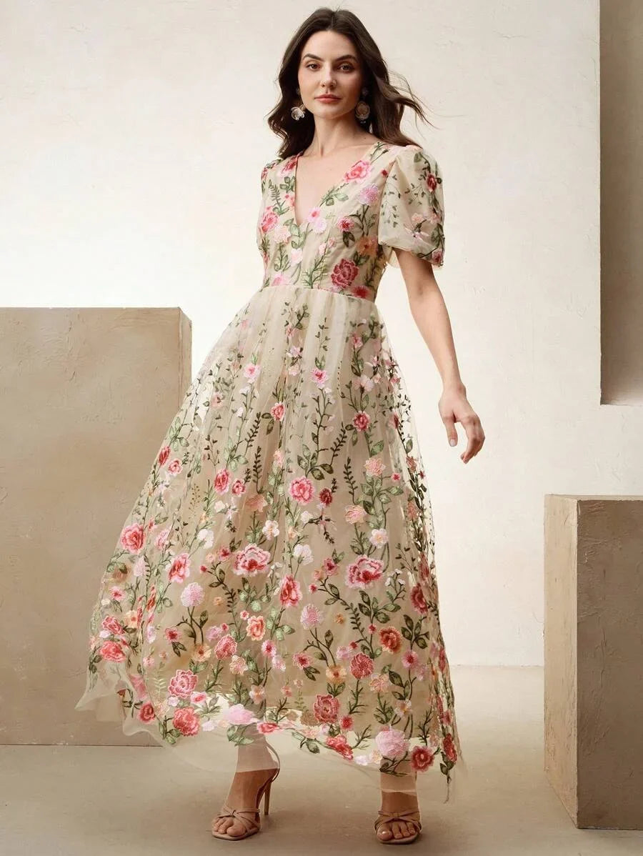 Fashionable amp Elegant Embroidered Floral VNeck ALine Midi Skirt Suitable For Valentines Day