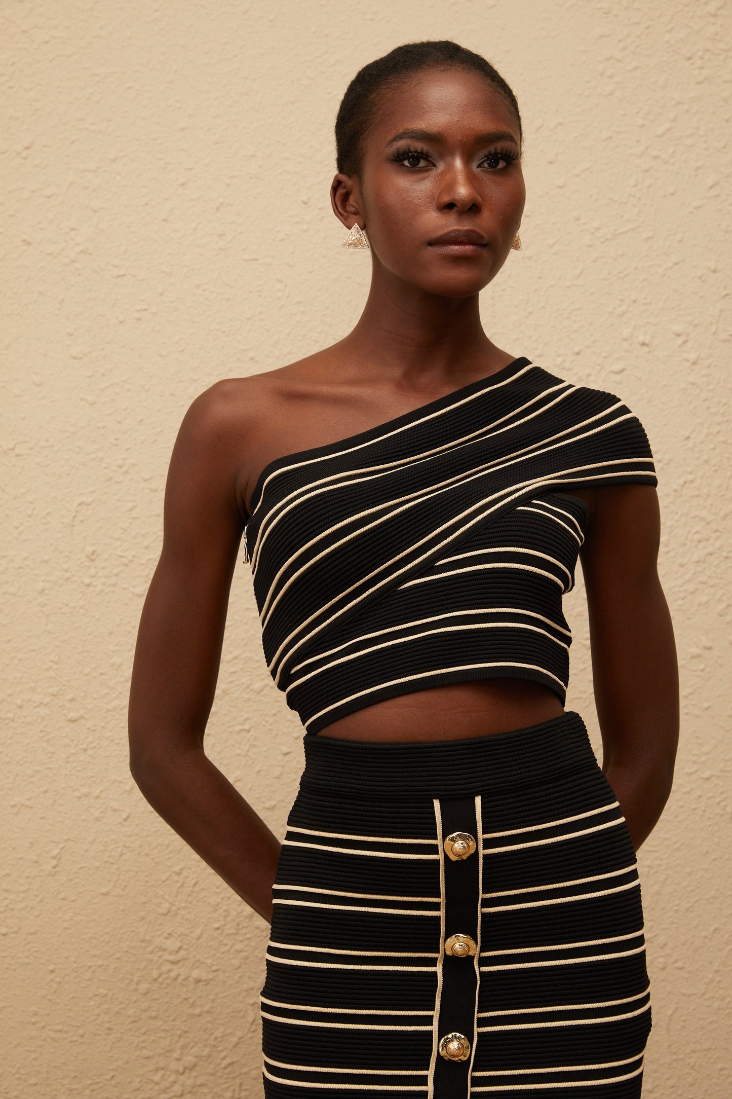 Faustine Black Striped Knit Top Skirt Set