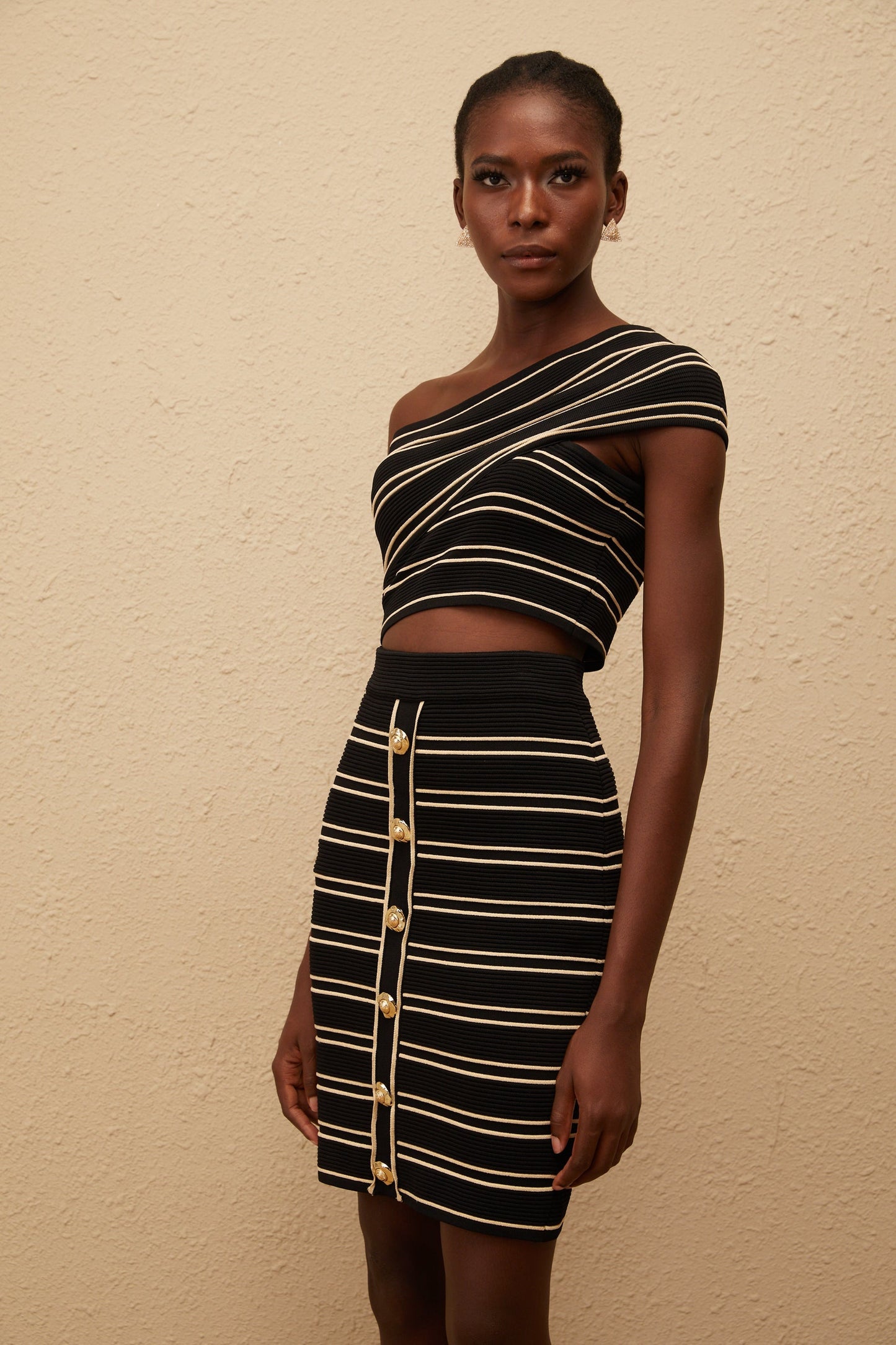 Faustine Black Striped Knit Top Skirt Set