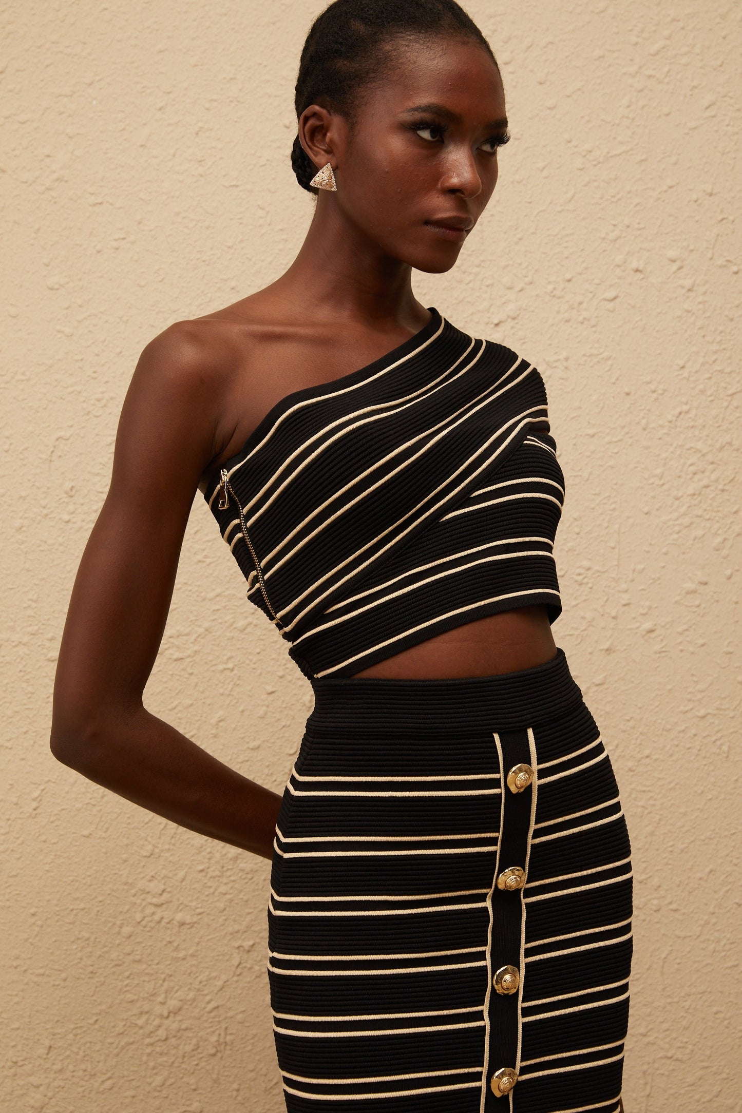 Faustine Black Striped Knit Top Skirt Set